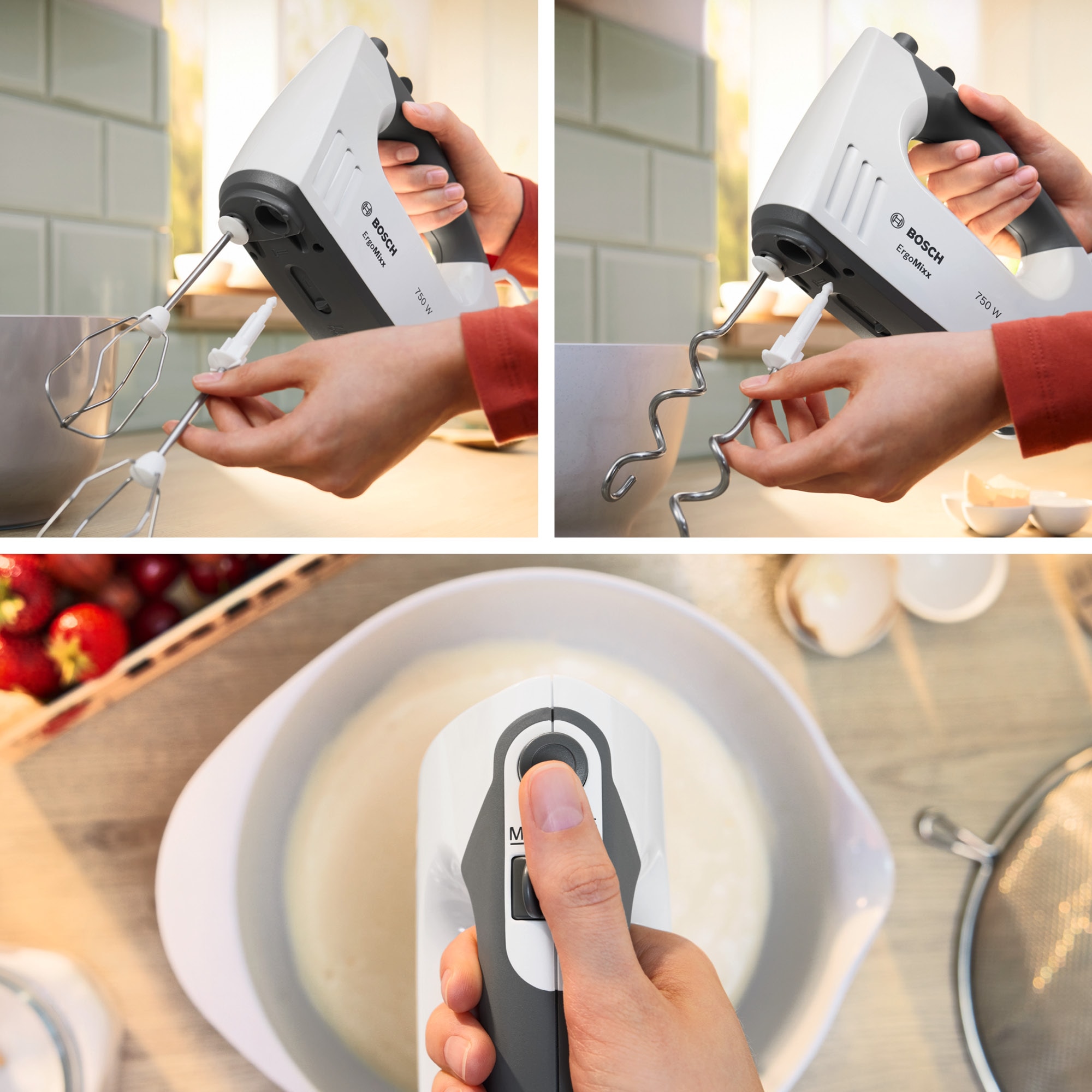 BOSCH Handmixer »ErgoMixx MFQ37480, Edelst. Rührbesen/Knethaken, Mixfuß, weiß/grau«, 750 W, Zerkleinerer, Becher, 5 Stufen, Turbotaste, Made in Europe