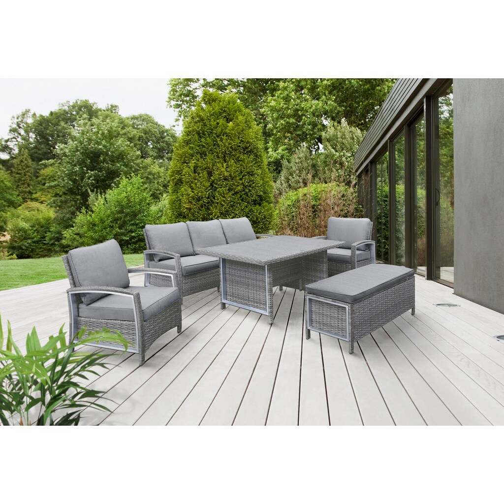 KONIFERA Gartenlounge-Set »Montgomery«, (Set, 5 tlg., 1x3erBank, 2x Sessel, 1x Sitzbank, 1x Tisch 145x85x70 cm)