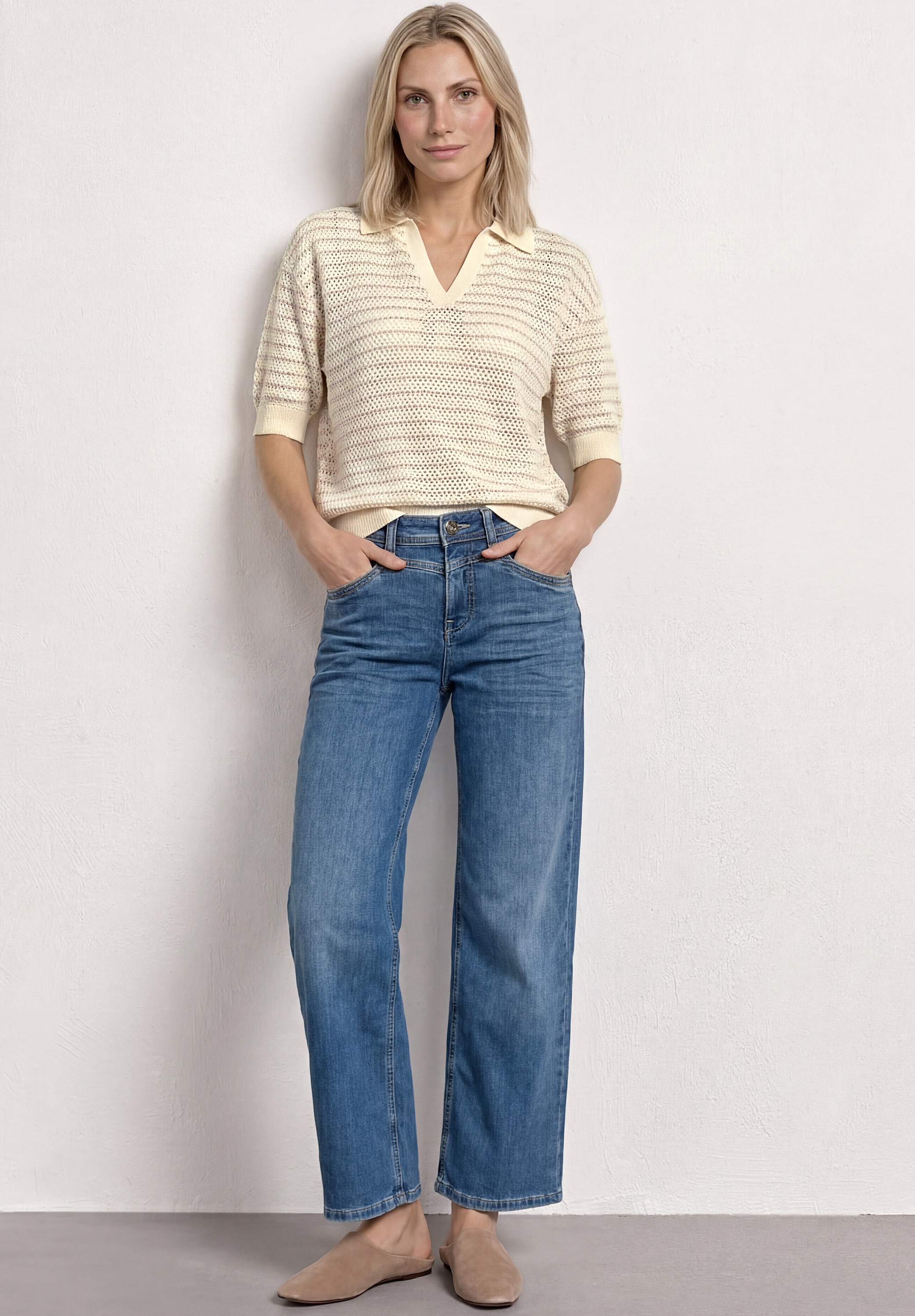 STREET ONE Kurzarmpullover mit Streifen und Polokragen