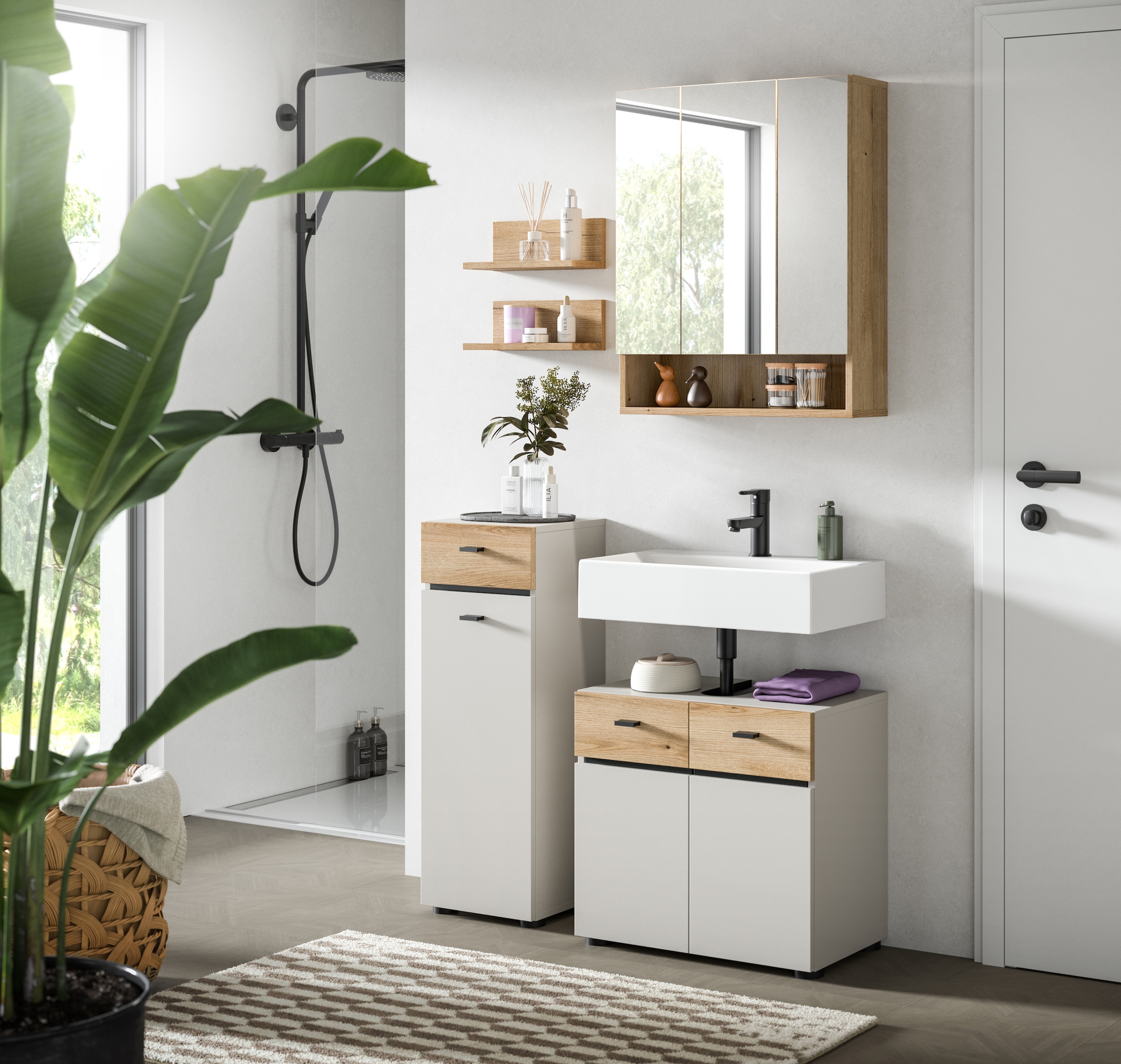 welltime Badmöbel-Set »VANN, 5-teilige moderne Badkombination, individuell stellbar« Midischrank, 2er Set Wandregal, Waschbeckenunterschrank,Spiegelschrank, 5 Stk. tlg.