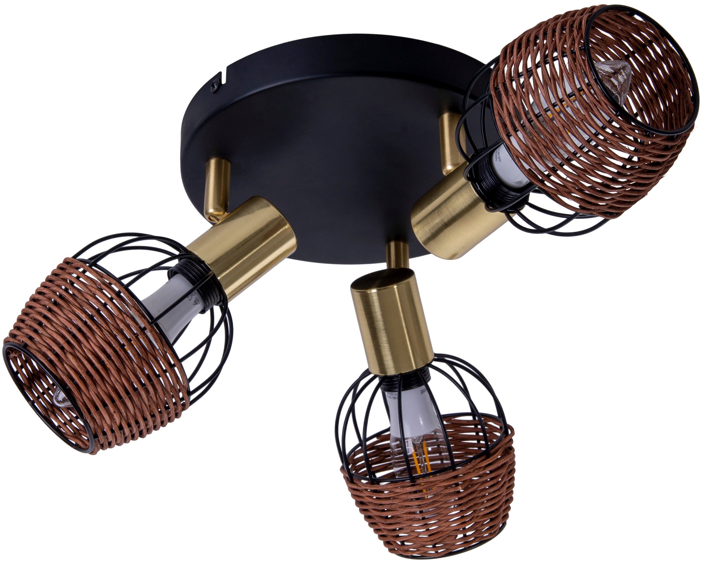 näve Deckenspots »Corbis«, 3 flammig, Leuchtmittel E14 | ohne Leuchtmittel, 3 Spots excl. E14 max. 40W schwarz/natur/gold D: 38cm mit Rattan