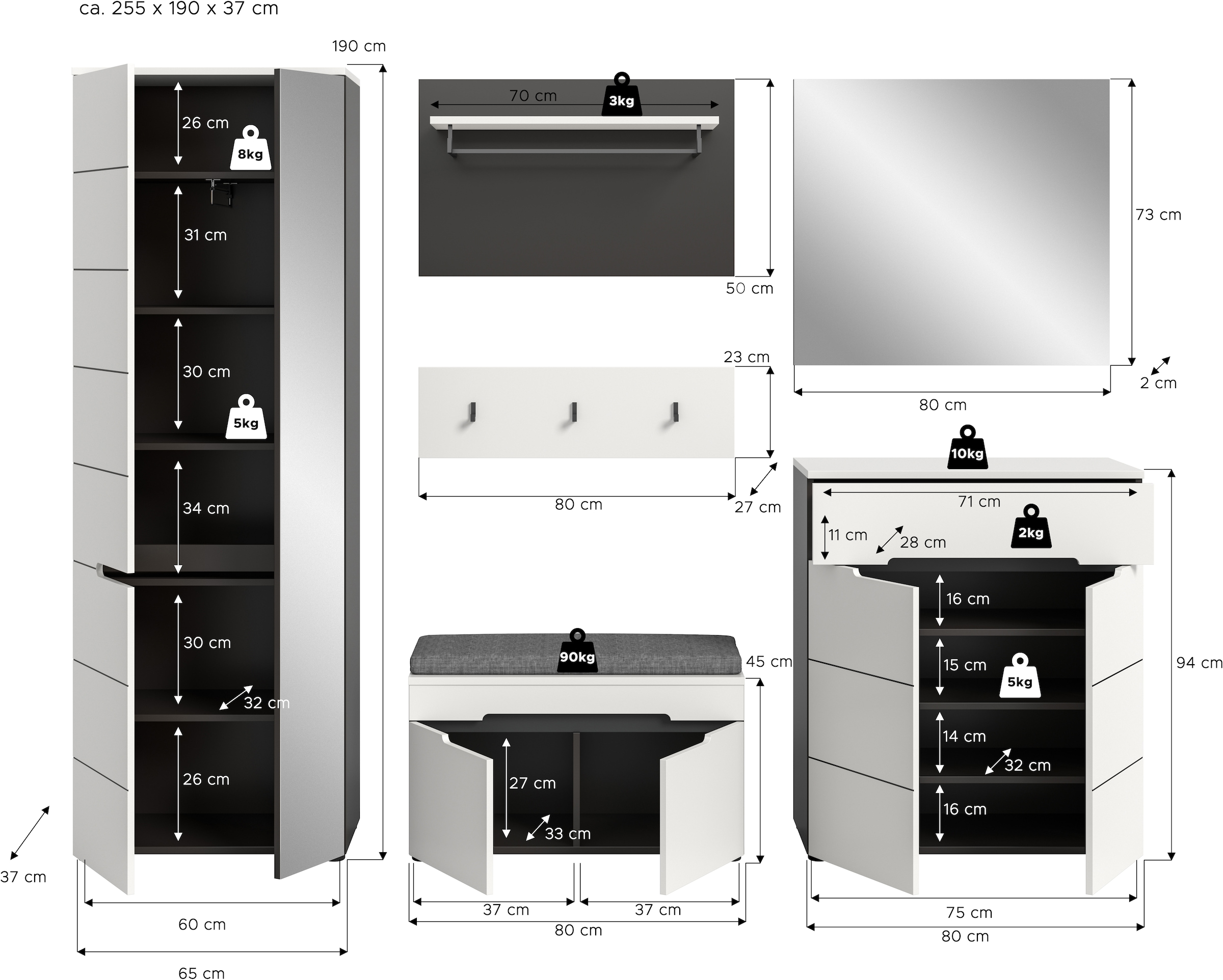Home affaire Garderoben-Set »REHAT, TOPSELLER!, 6-teilig, Breite 255 cm, individuell erweiterbar« Set, Schrank, Sitzbank, Sitzkissen, Paneel, Hakenleiste, Spiegel, Kommode, 6 Stk. tlg.