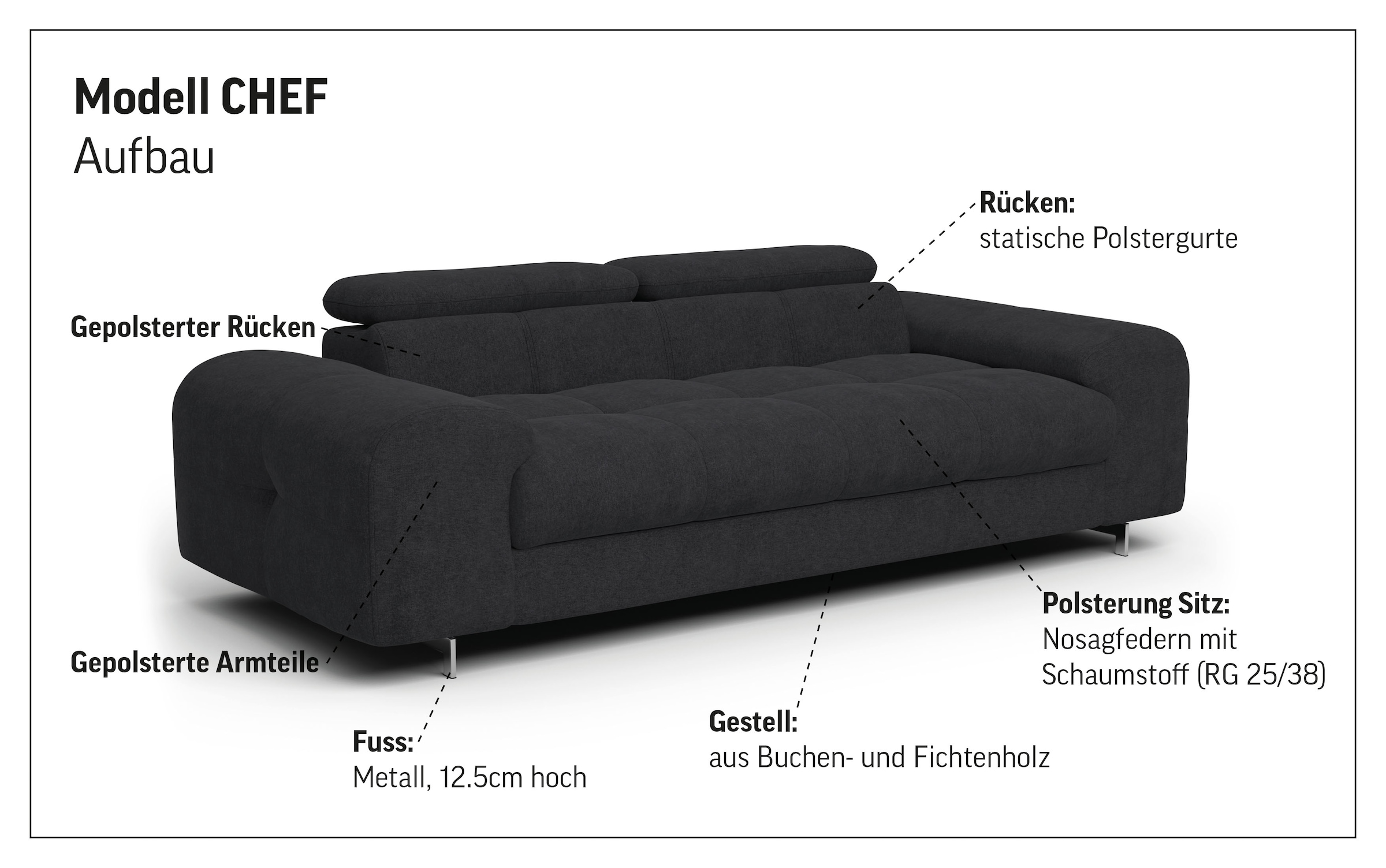 COTTA 3-Sitzer »Chef«, Big-Sofa mit Kopfteilverstellung, edle Metallkufen