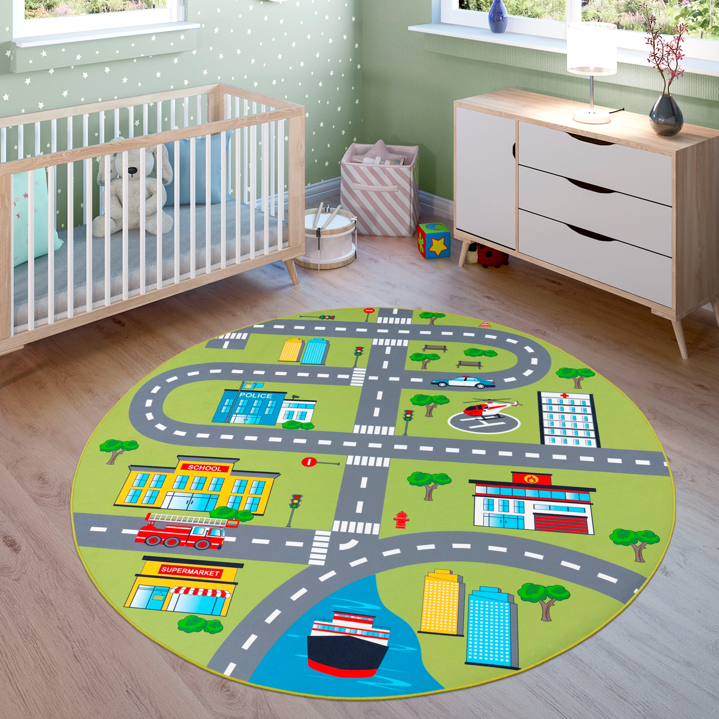 Paco Home Kinderteppich »Bino 570« rund 4 mm Höhe Kurzflor, Straßen-Spiel-Teppich, Kinderzimmer