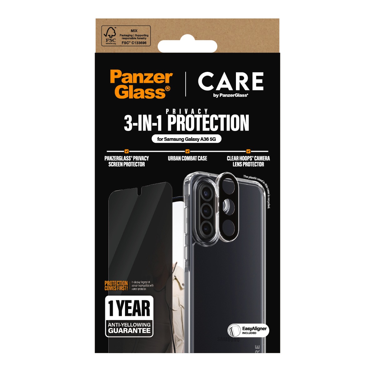 CARE by PanzerGlass Displayschutzglas »3-in-1 Protection Urban Combat Case + Screen Protection + Hoops«, für Samsung Galaxy A36, Displayschutzfolie, Schutzfolie, Bildschirmschutz, kratz- & stoßfest