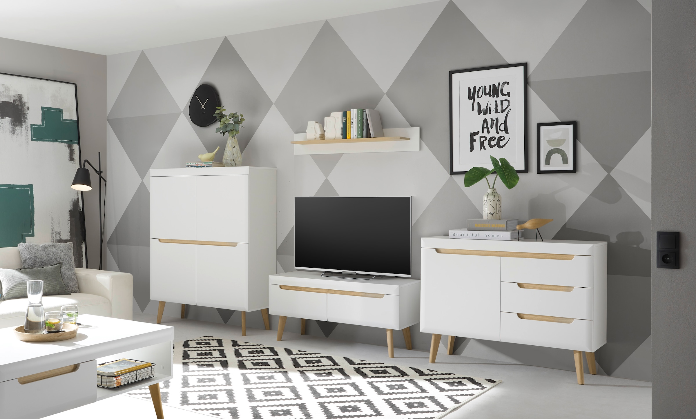 INOSIGN Sideboard »Torge, Anrichte, Kommode, Schubladenschrank«, (1 St.), abgeschrägte Füße, drei Farben, Scandi Design, 107 cm breit
