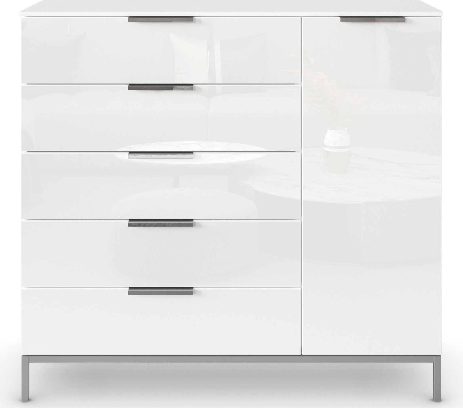 rauch Kombikommode »Kommode Türkommode Sideboard Kombikommode FLIPP mit Glasfront«, (Breite 120 cm mit 2 Einlegeböden), 1-türig mit 5 Schubladen und Soft-Close-Funktion sowie Glasfront