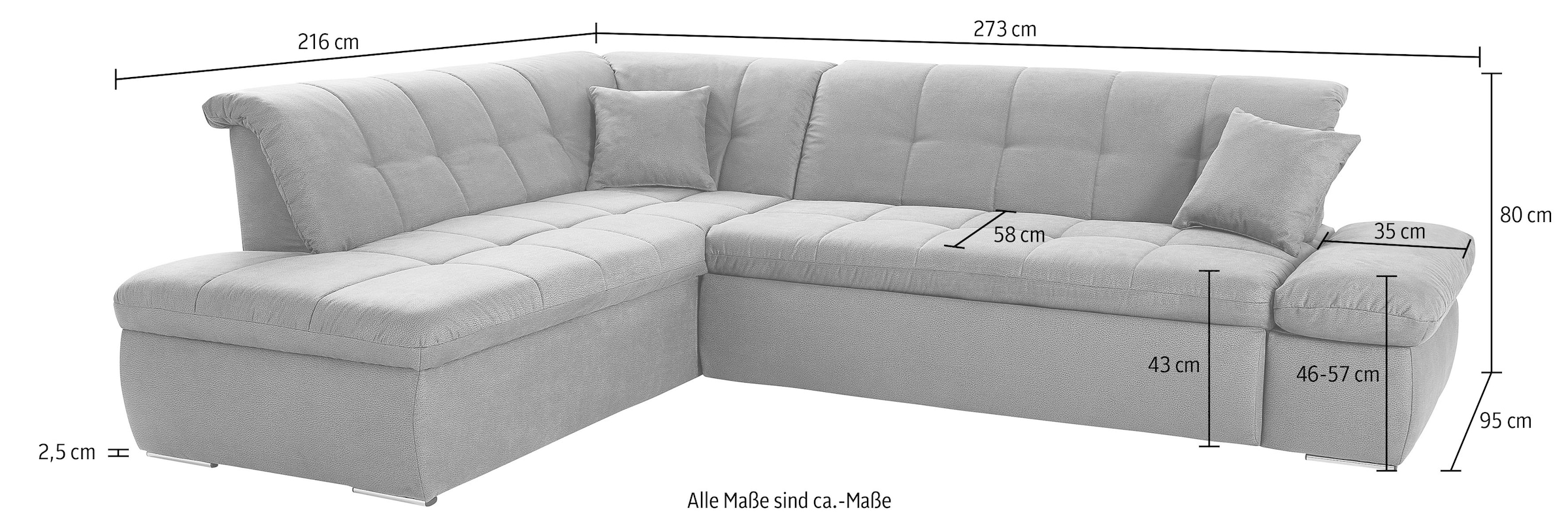 DOMO collection Ecksofa »Moric Luxus incl. Zierkissen B/T/H: 273/216/80 cm«, XXL, L-Form, bis 140kg pro Sitzplatz belastbar, Ottomanen-Abschluss