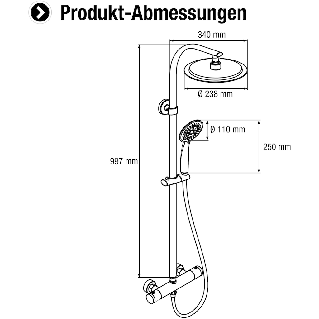 CORNAT Duschsystem »"Style"- verchromt - Mit Thermostatarmatur - Variabler Bohrlochabstand«, (Komplett-Set), 5 Strahlarten: Normal-, Soft-, Massagestrahl - Anti-Kalk