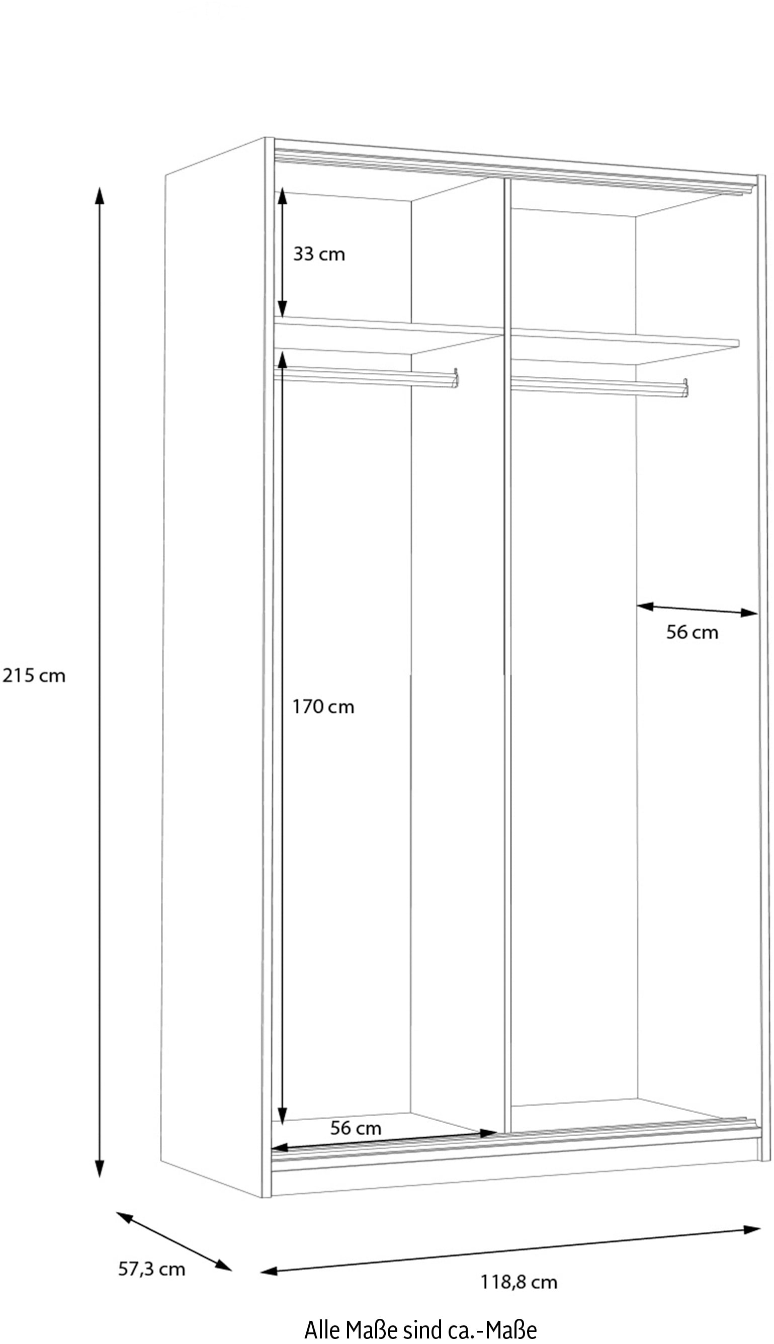 FORTE Schwebetürenschrank »Skandinavisches Design, Holzoptik kombiniert mit Weiß«, (B/H/T ca. 119/215/57cm), ideal für kleine Räume, passend zum Schrankbett, 2 Einlegeböden