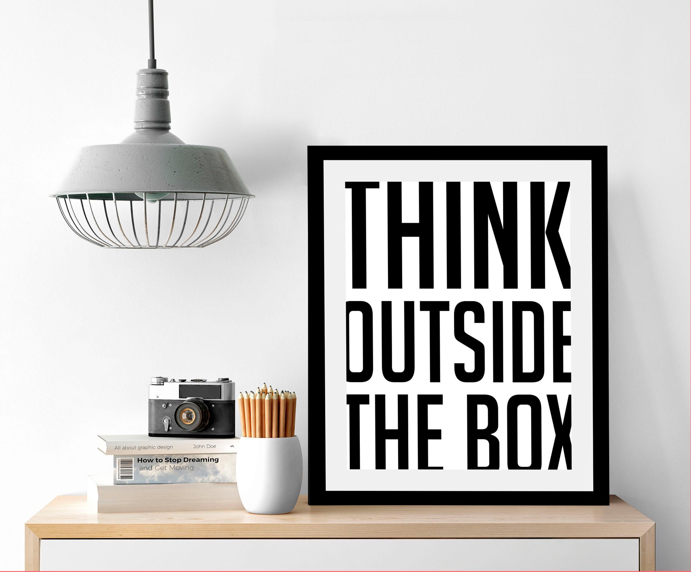 queence Bild »Think outside«, Sprüche & Texte-Schriftzug-Schwarz-Weiß-Motivationsbilder, HD Premium Poster-Druck inkl. Holzrahmen