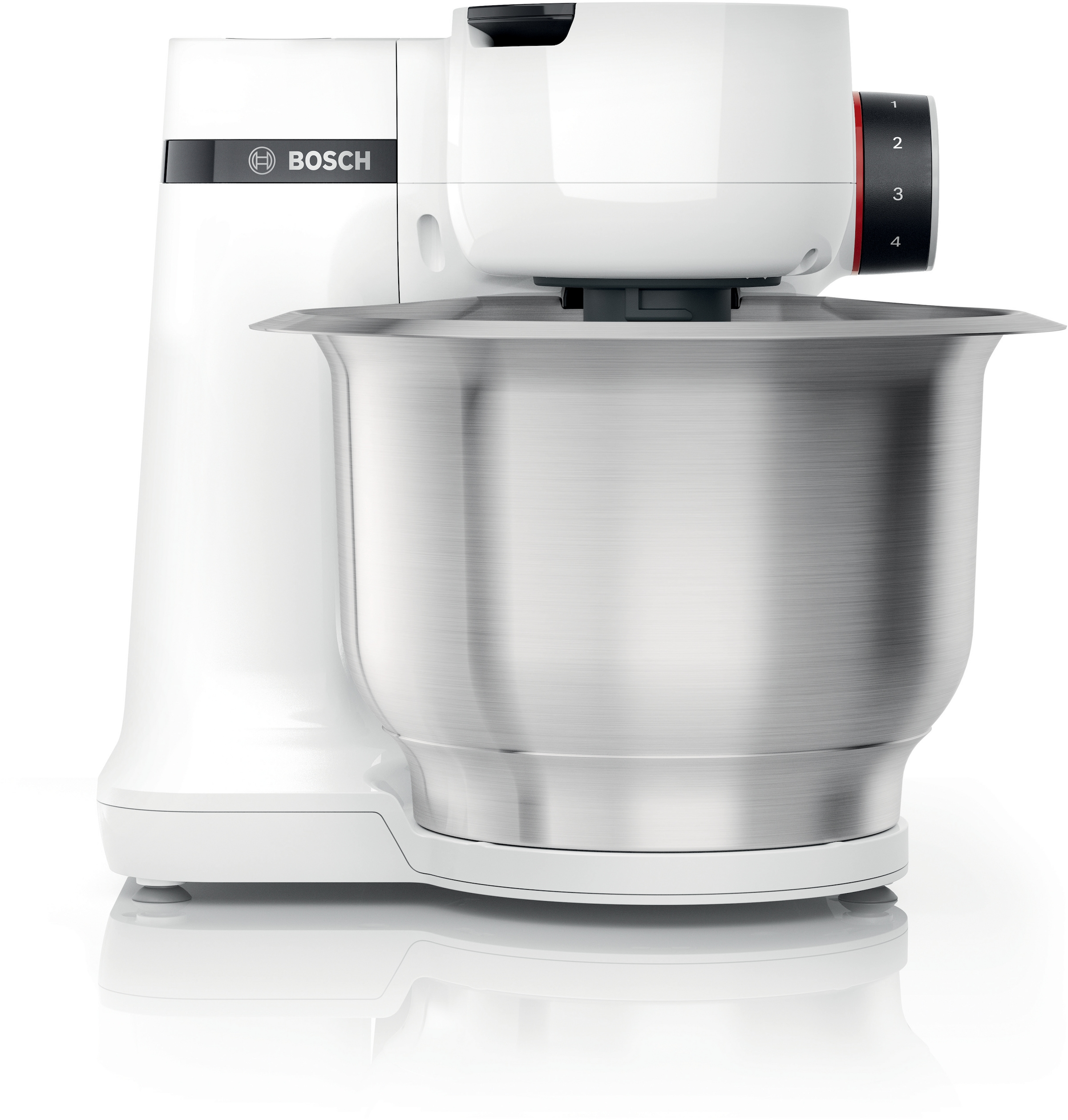 BOSCH Küchenmaschine »Serie 2 MUMSAW01, Kunststoffschüssel, Durchlaufschnitzler, weiß«, 4 Scheiben, Knethaken/Rühr-/Schlagbesen, Edelstahl spülm.fest