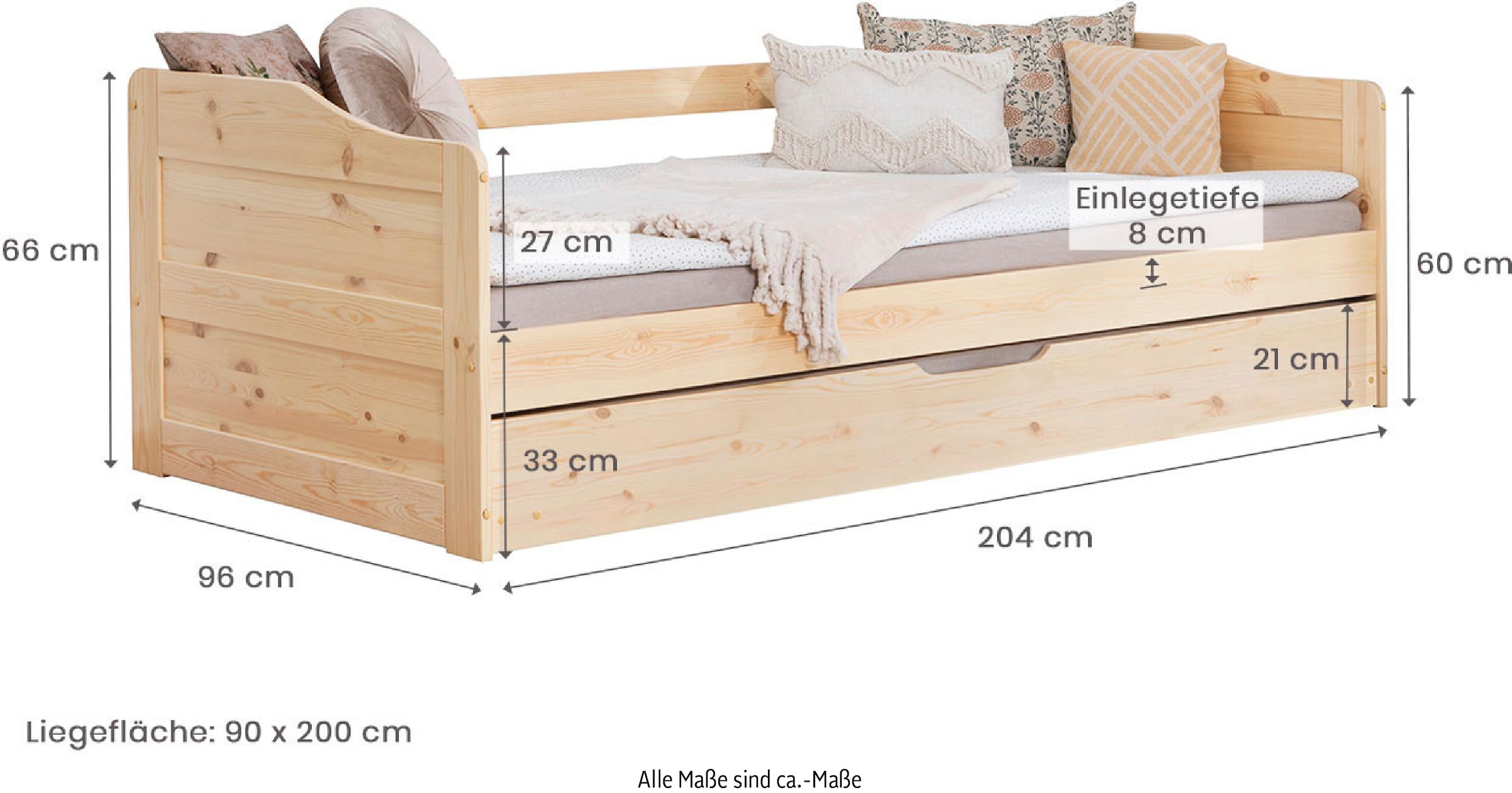 Ticaa Funktionsbett »Melinda, Daybett, Jugendbett, 2 Schlafplätze, Schublade auf Rollen«, (90x200cm), FSC®-zertifizierte Kiefer, 2 Rollroste, Massivholz