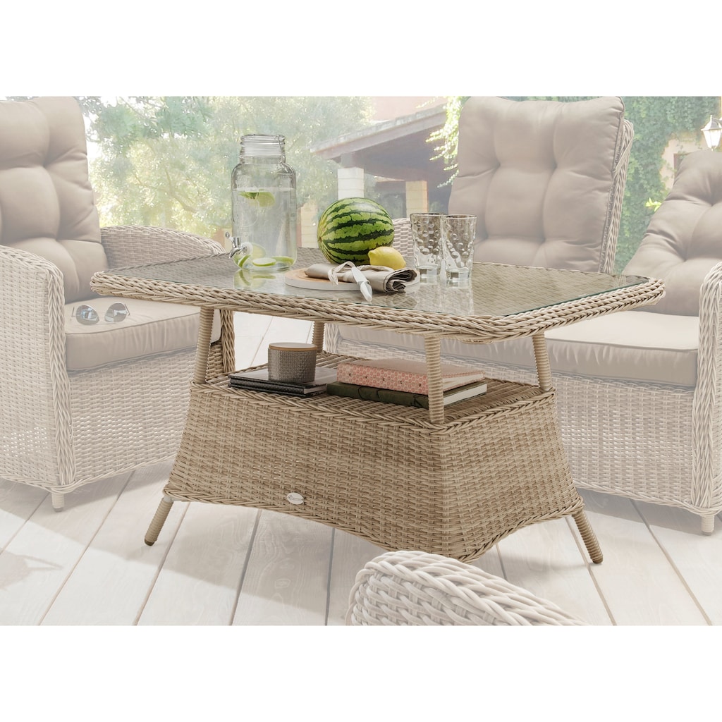 Destiny Gartentisch »MERANO«, Polyrattan, 120x77x66cm, mit aufgelegter Glasplatte