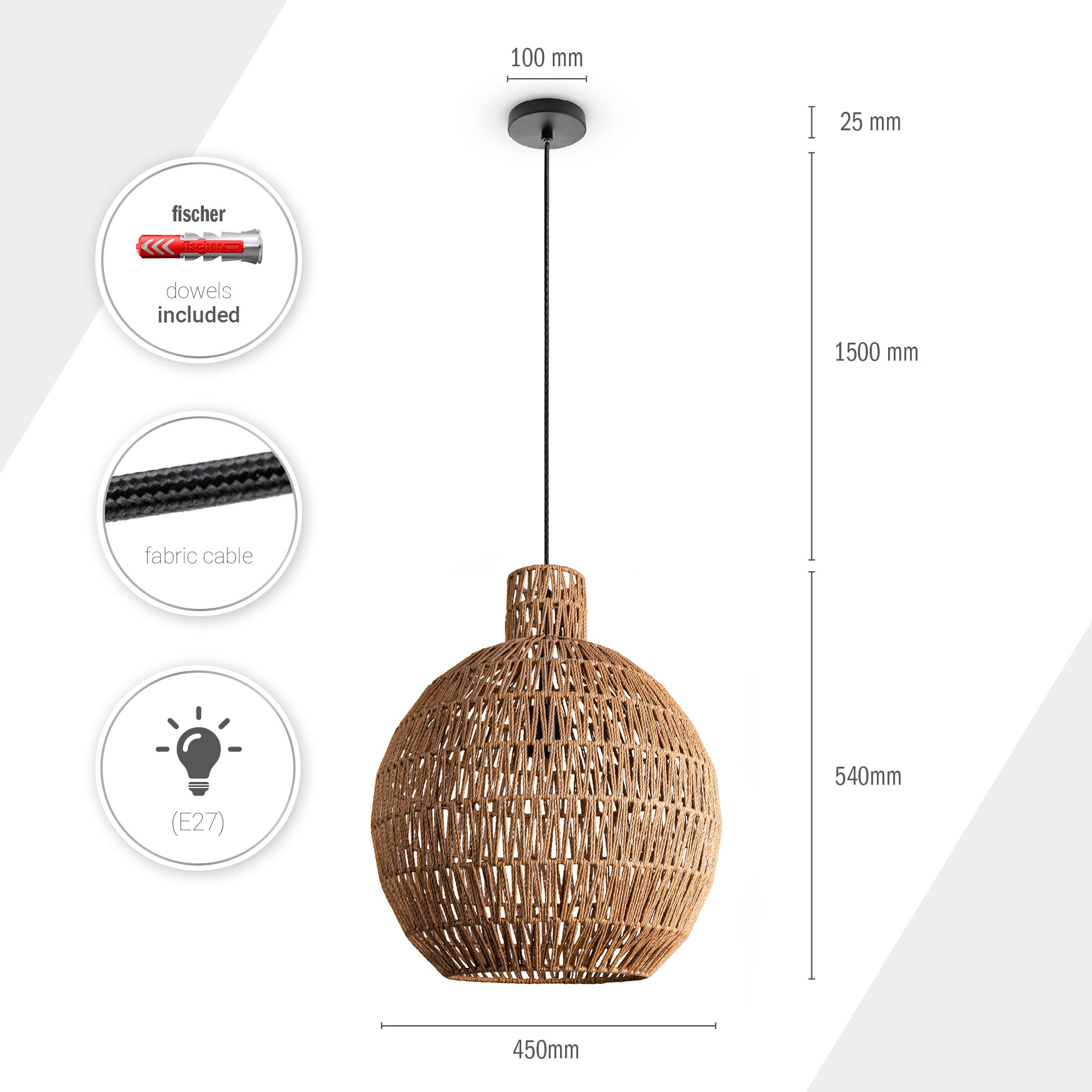 Lampe Korb kaufen Boho 3 LED Rustikal »ULLA«, Home | Jahren E27 Paco Optik Rattan mit online Garantie Papier XXL Pendellampe Pendelleuchte