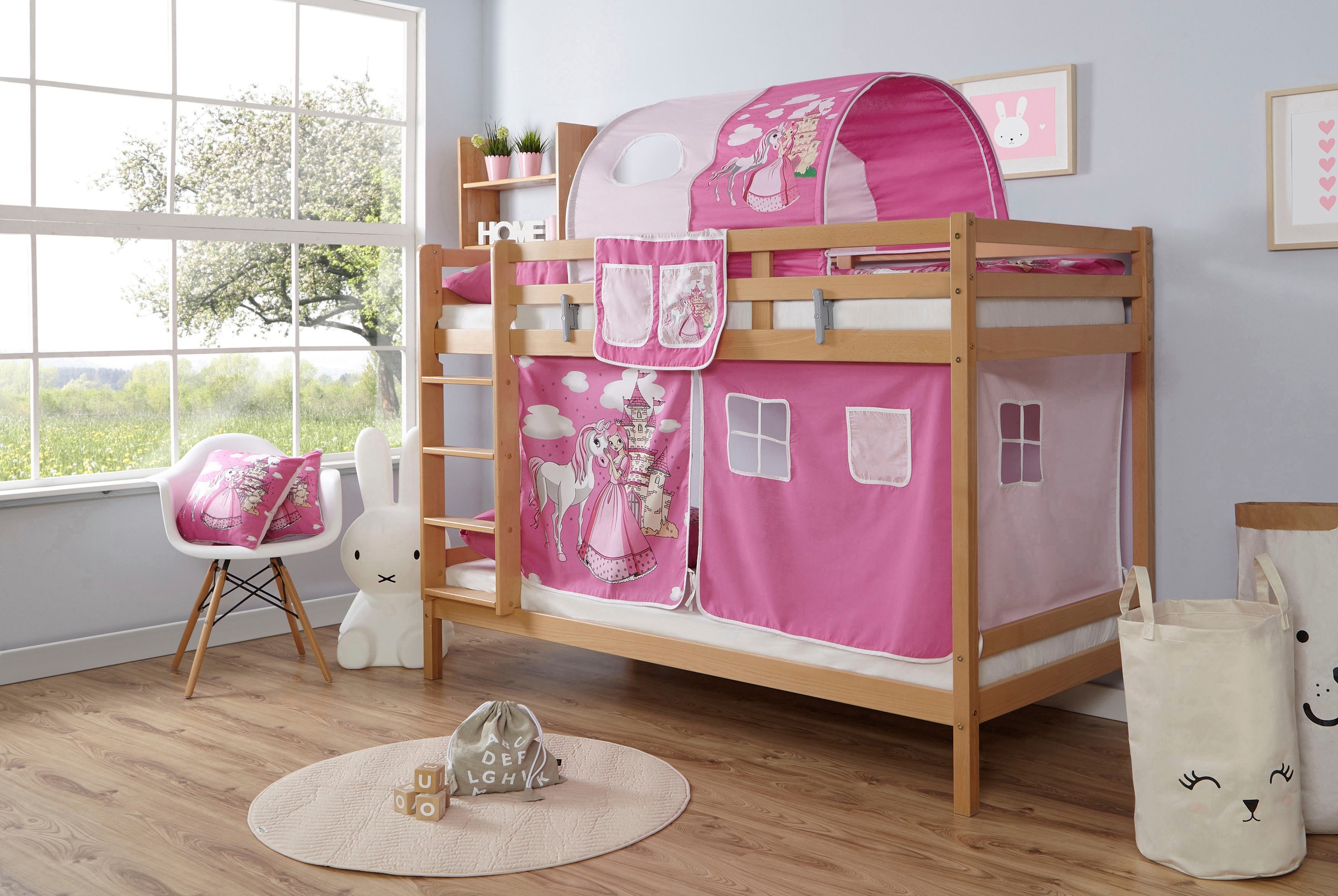 Ticaa Etagenbett »Rene«, mit Rollrost und Textil-Set wahlweise mit Matratze, Buche