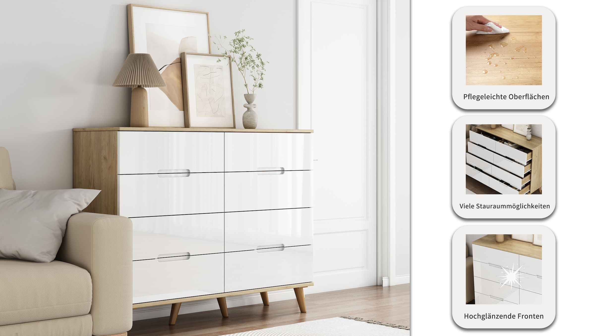 OTTO home Kommode »Lund« mit glänzenden Fronten, Griffmulden, helles Holzdekor, Breite 120 cm