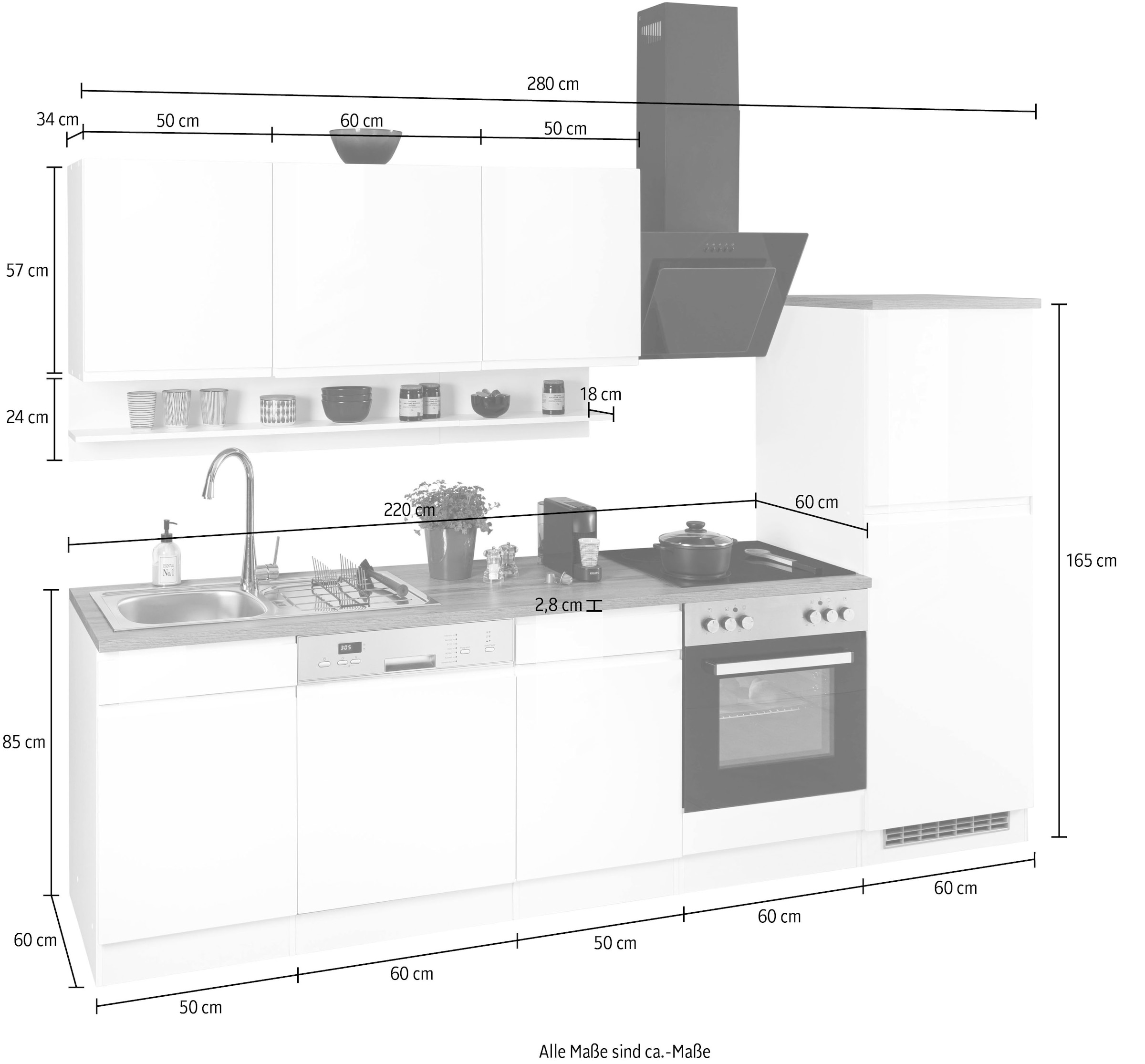 HELD MÖBEL E-Geräten cm, mit bequem Küche 280 Breite wahlweise »Virginia«, kaufen