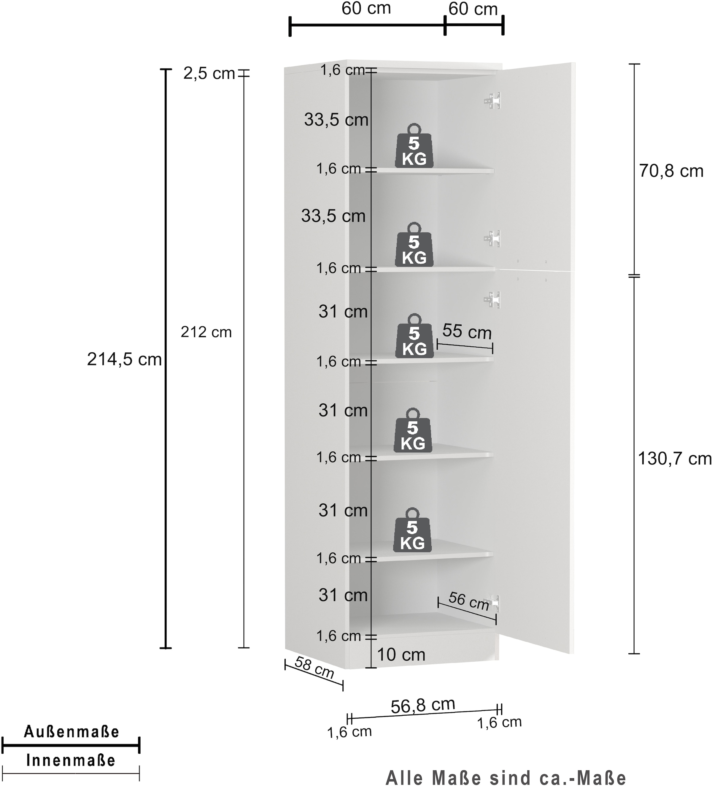 KOCHSTATION Vorratsschrank »Luna, Hochschrank, Küchenvorratsschrank, Speiseschrank, Made in Italy« B/T/H: 60×60×214,5 cm, mit 6 großzügigen Fächern