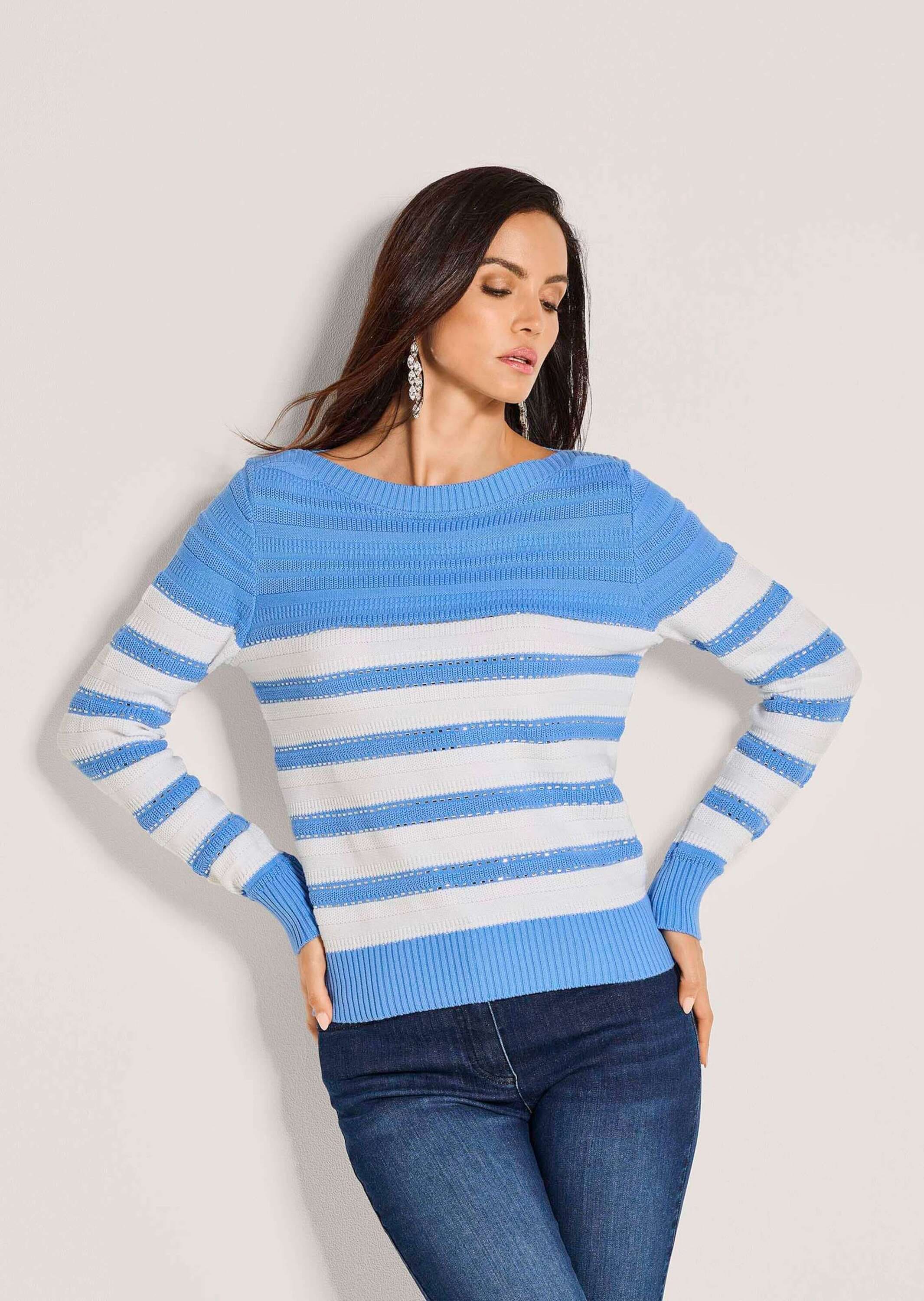 MADELEINE Longpullover »Strickpullover Baumwollpullover mit Streifenmuster« Steinchen