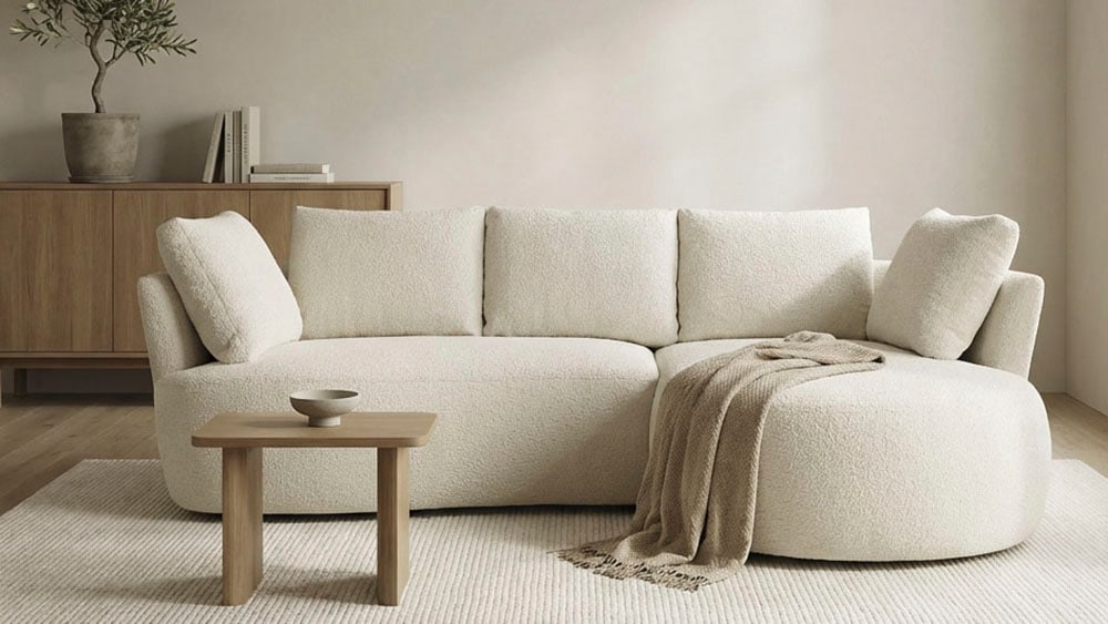 DOMO collection Ecksofa »Lumin, B/T: 267/170 cm, abgerunde Form, charmantes Design, cozy chic« Mit Federkern und 5 Rückenkissen ausgestattet