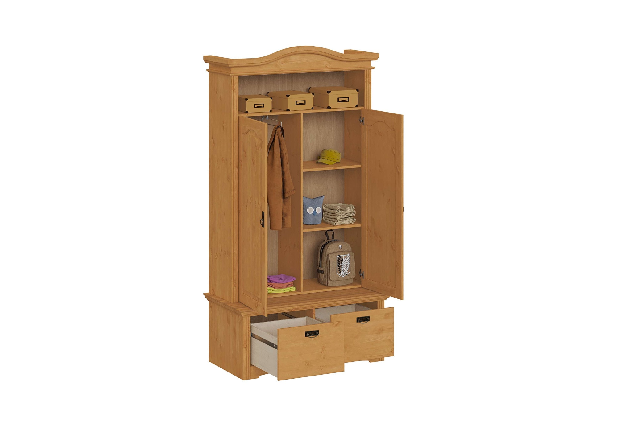 OTTO home Wäscheschrank »Konrad, mit Bank, Garderobenschrank, Schubladen, Massivholz« H/B/T mit Bank ca. 206/110,5/70 cm,  viel Stauraum, langlebige Qualität, ausziehbare Kleiderstange