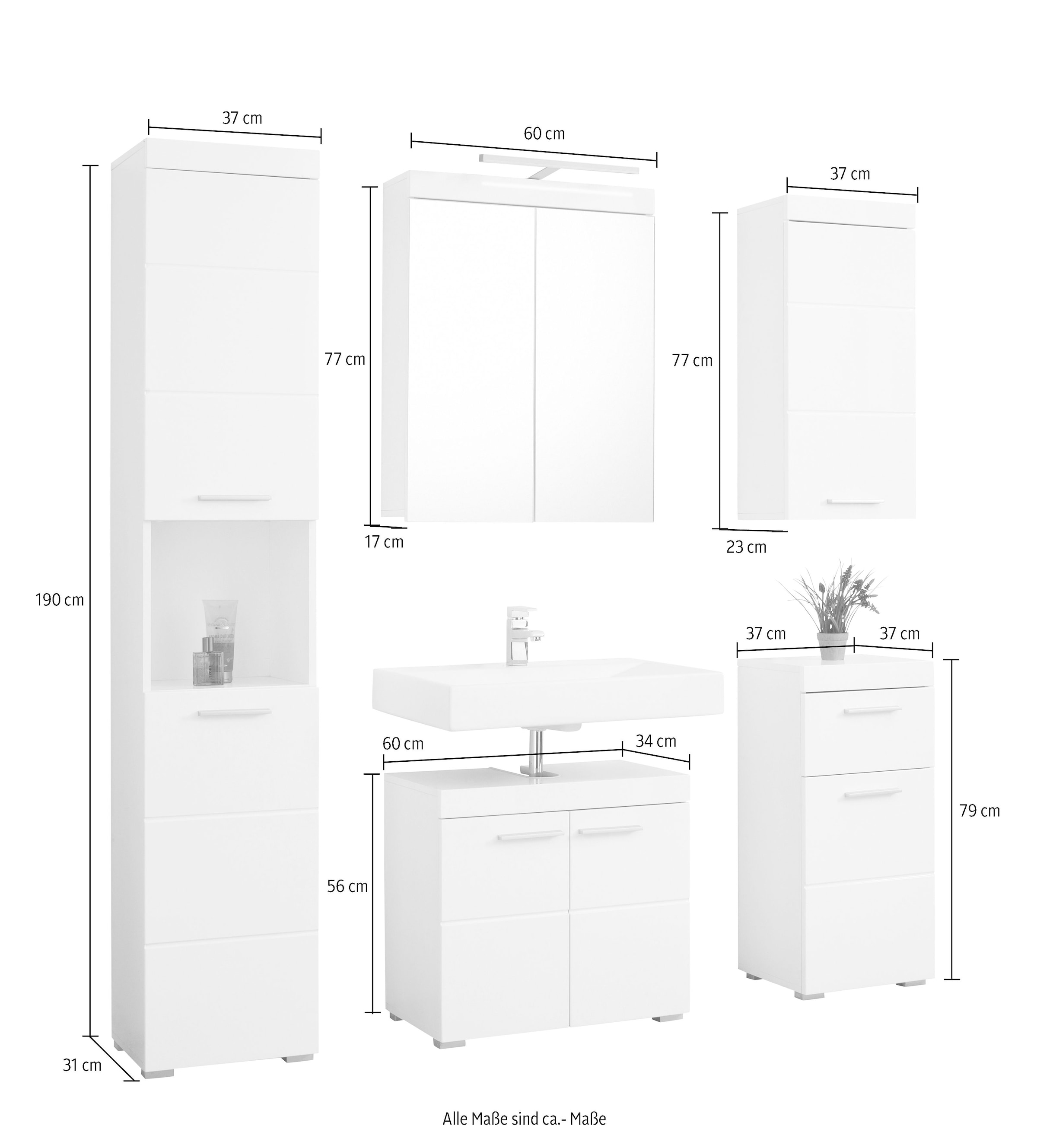 welltime Badmöbel-Set »Avena«, (Set, 5 St.), Hochschrank, WBU, Spiegelschrank, Kommode, Hängeschrank u. Beleuchtung