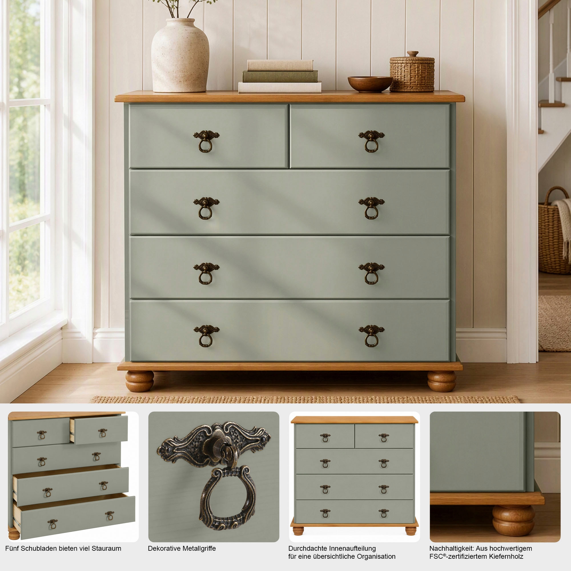 OTTO home Kommode »Finca Sideboard mit 5 Schubladen und Ringgriffen aus Metall« aus massivem Kiefernholz, mit Schubladen & einer natürlichen Maserung
