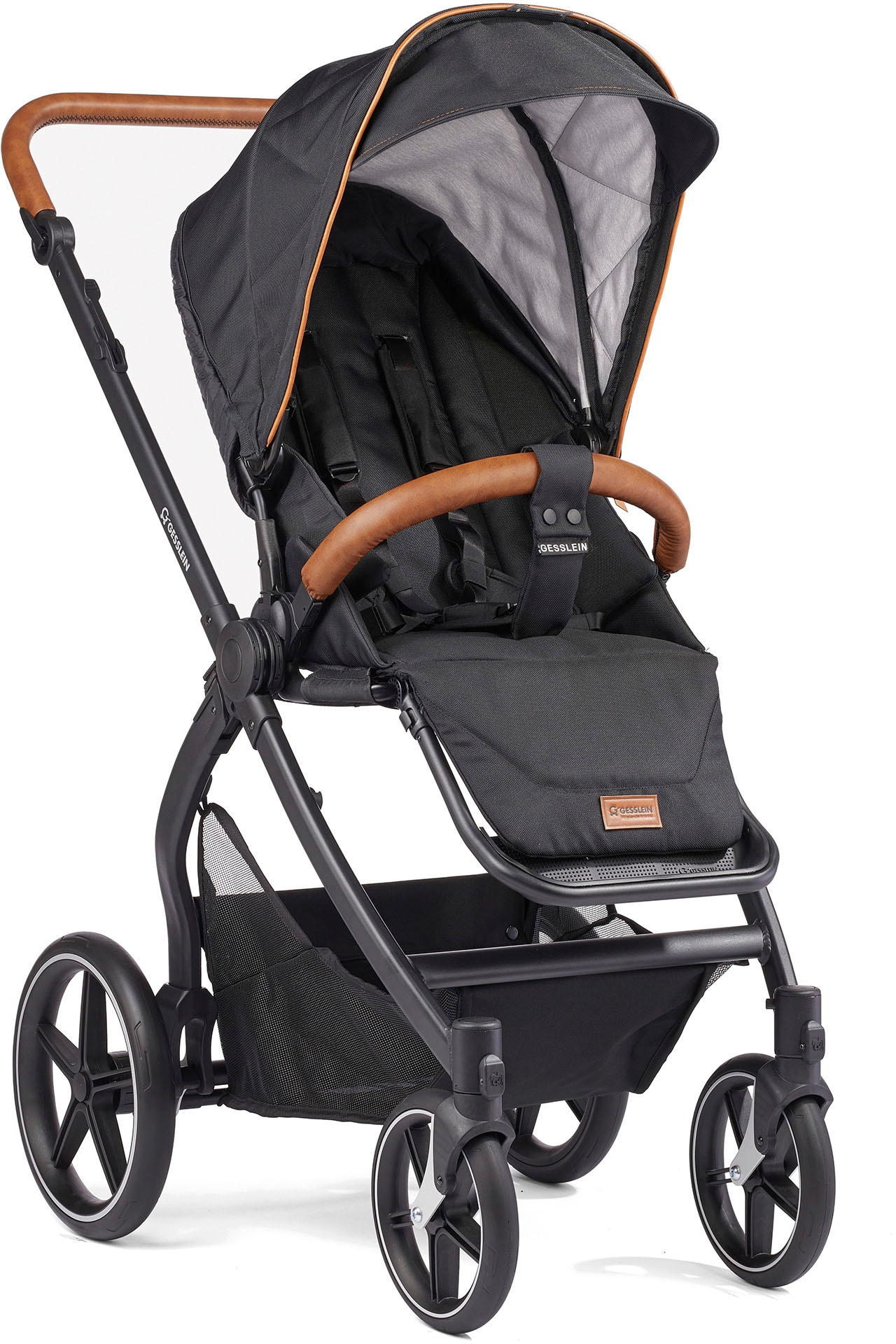 Gesslein Kombi-Kinderwagen »FX4 Soft+ mit Aufsatz Style, schwarz/cognac«, mit Babywanne C3 und Babyschalenadapter