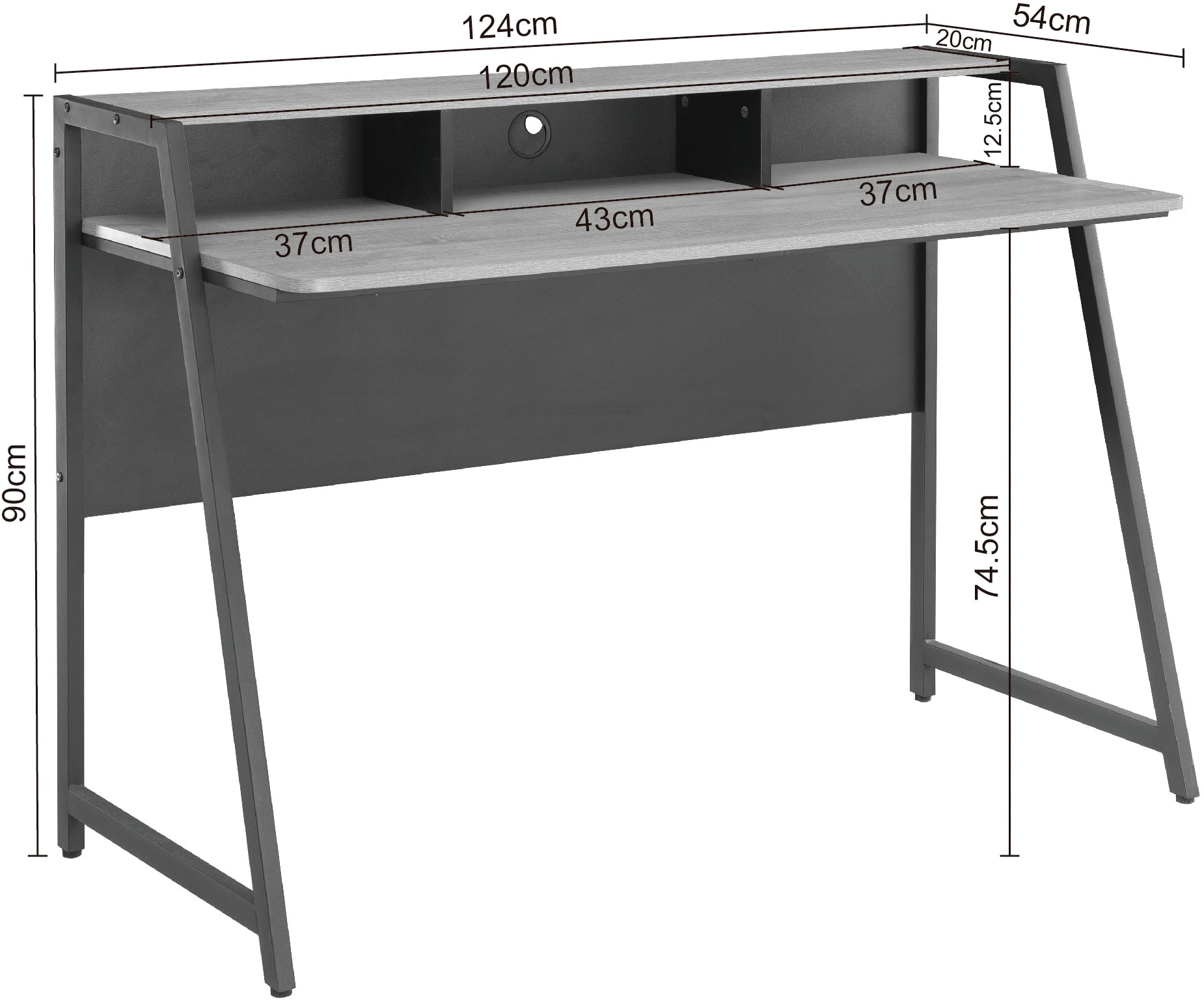 INOSIGN Schreibtisch »Horda, Computertisch mit Monitoraufsatz & Kabeldurchlass,«, asymetrisches Metallgestell, abgerundete ABS-Kanten, Breite 124 cm