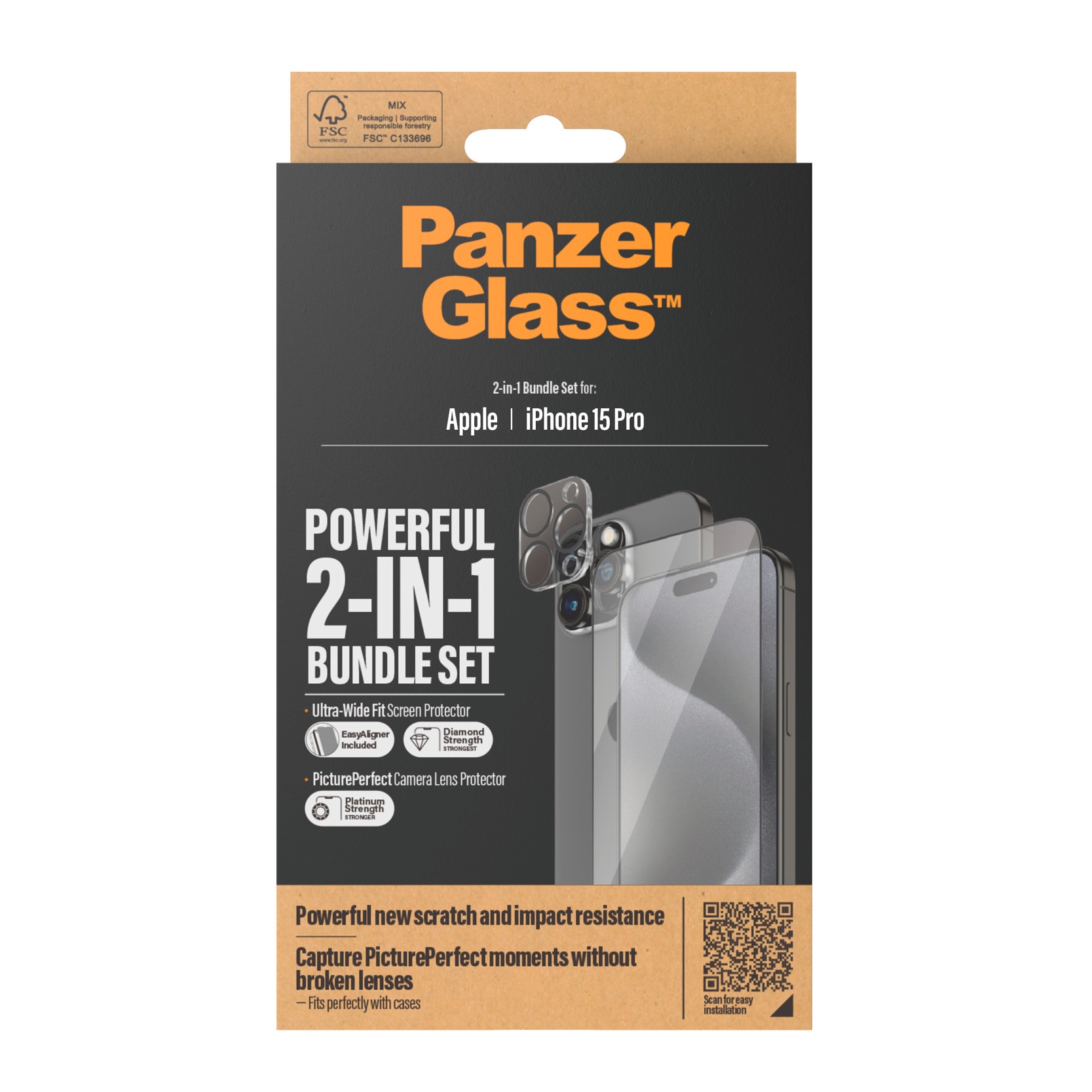 PanzerGlass Displayschutzglas »2-in-1-Pack Screen und Camera Protector«, für iPhone 15 Pro, Ultra Wide Fit