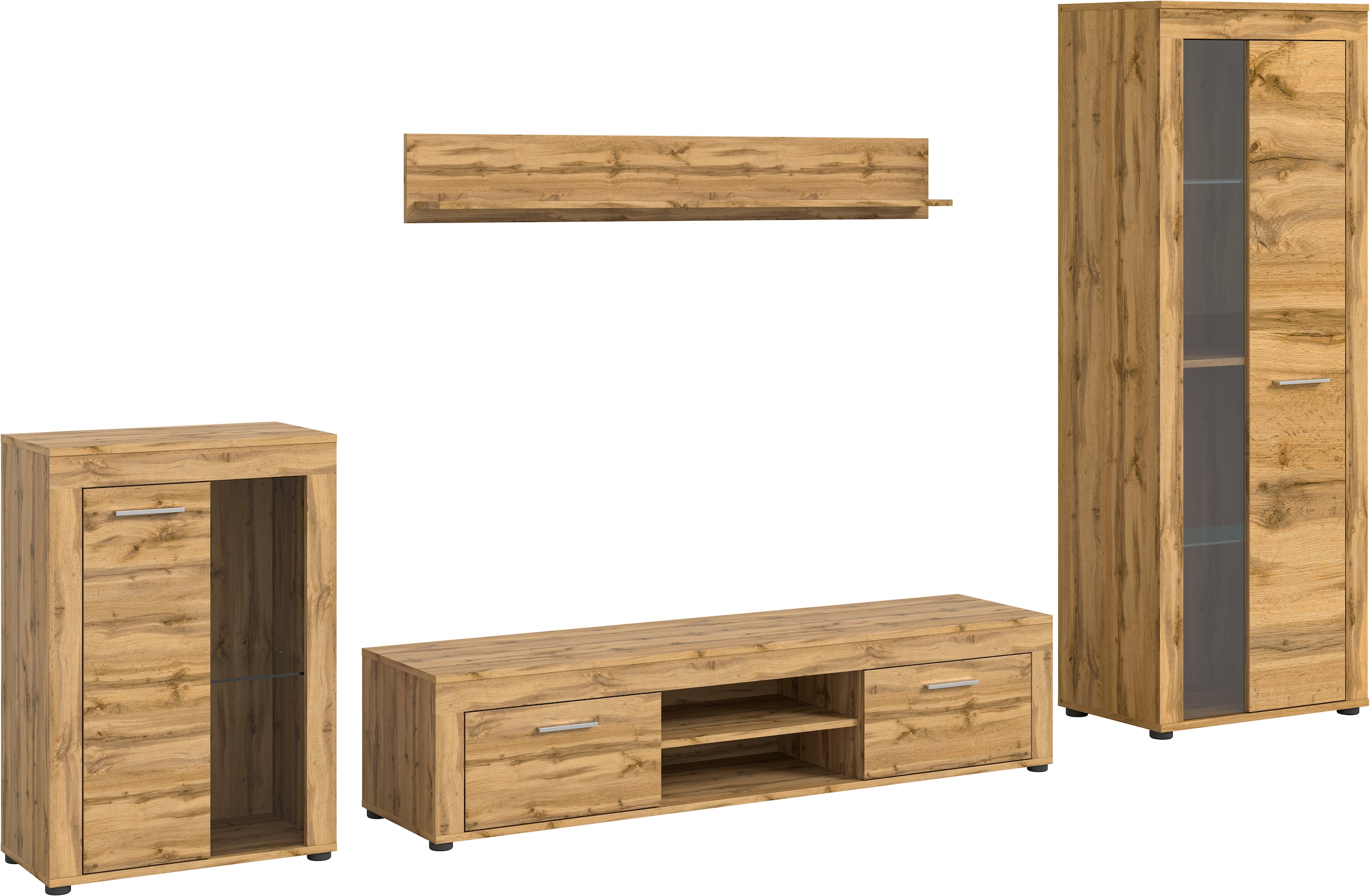 INOSIGN Wohnwand »Aosta, 4-tlg., best. aus: Vitrine, Lowboard, Wandboard & Vitrine hoch«, (4 St.), Wohnwand, Kombination, Anbauwand, Möbel Set, Schrankwand, Möbel Kombi