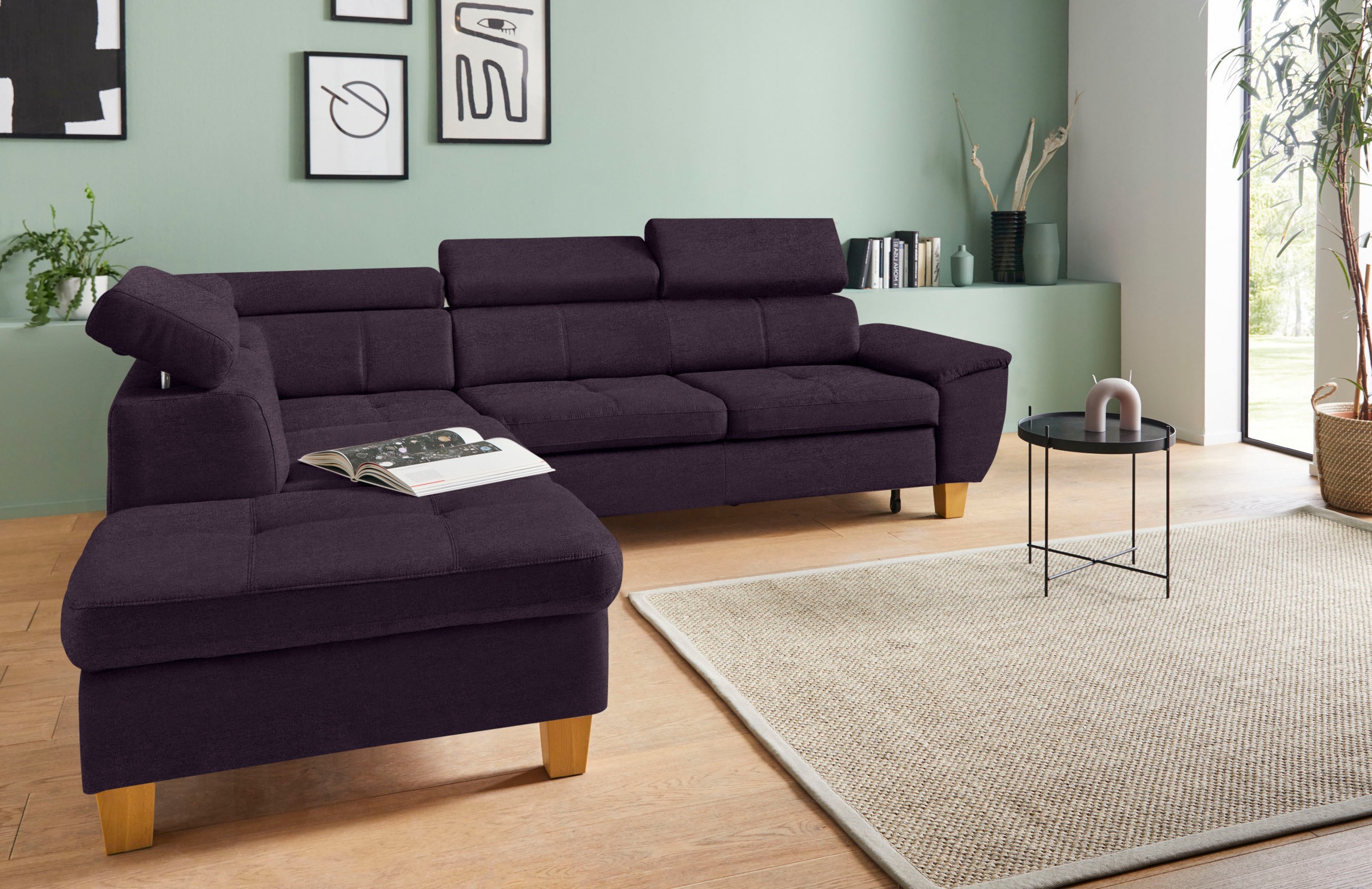 exxpo - sofa fashion Ecksofa »Enya, hoher Sitzkomfort, Breite 266cm, bequem, 12cm hohe Füße, L-Form« mit Kopfteilverstellung, wahlweise Bettfunktion u. Bettkasten