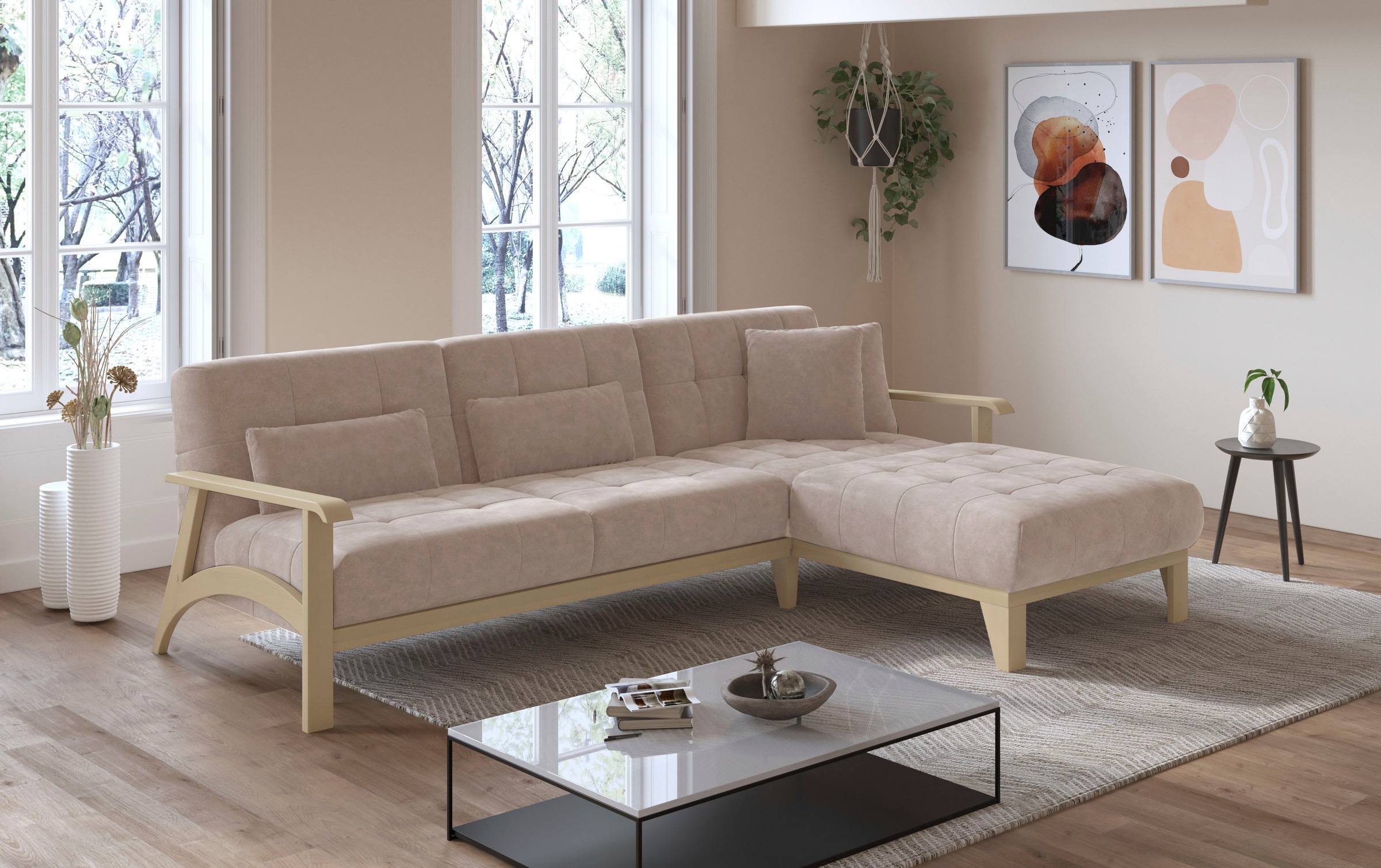 sit&more Ecksofa »Billund L-Form«, Armlehnen aus Buchenholz in natur, verschiedene Bezüge und Farben