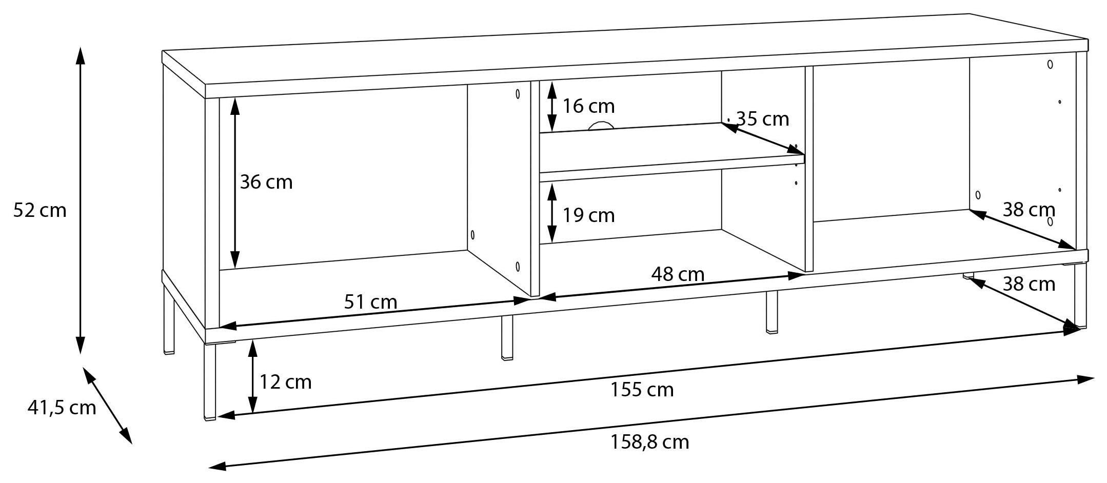 FORTE TV-Board »Forte Seravel TV Schrank 160, Elegantes Lowboard, Beleuchtung optional« B/H/T 158,8/52/41,5 offener Stauraum
