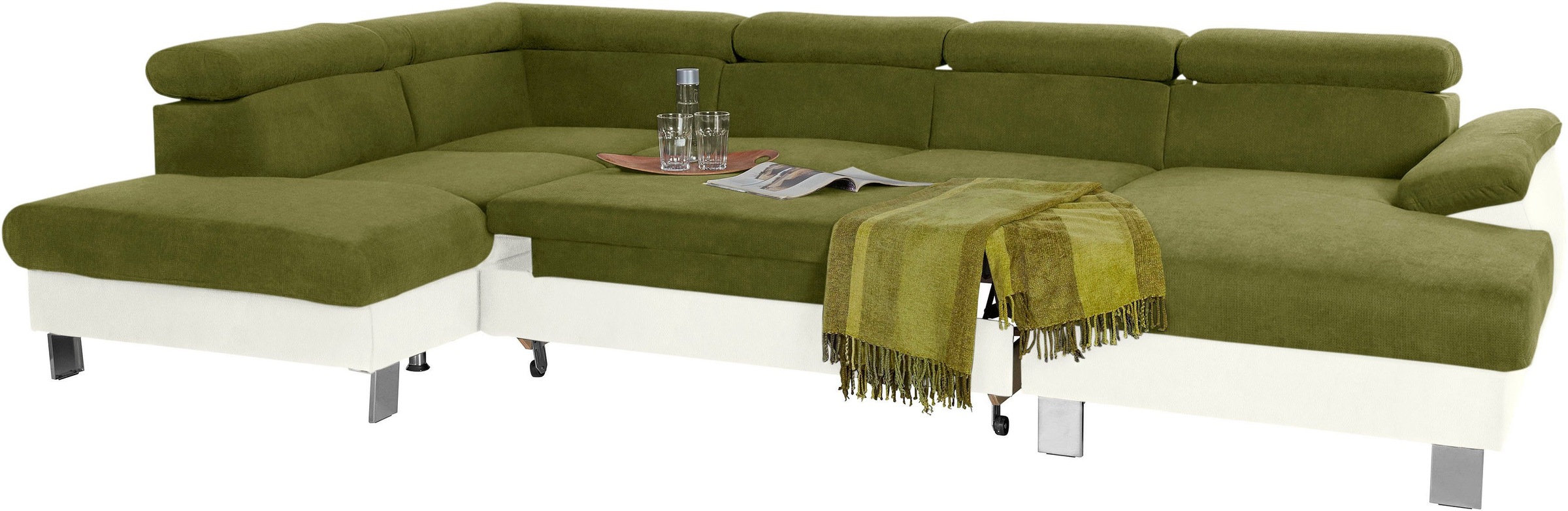 COTTA Polstergarnitur »Komaris U-Form, B: 320 bzw. 100 cm (Set: Wohnlandschaft & Hocker)«, (Set), mit Kopfteilverstellung, optional Bettfunktion, Bettkasten & Licht