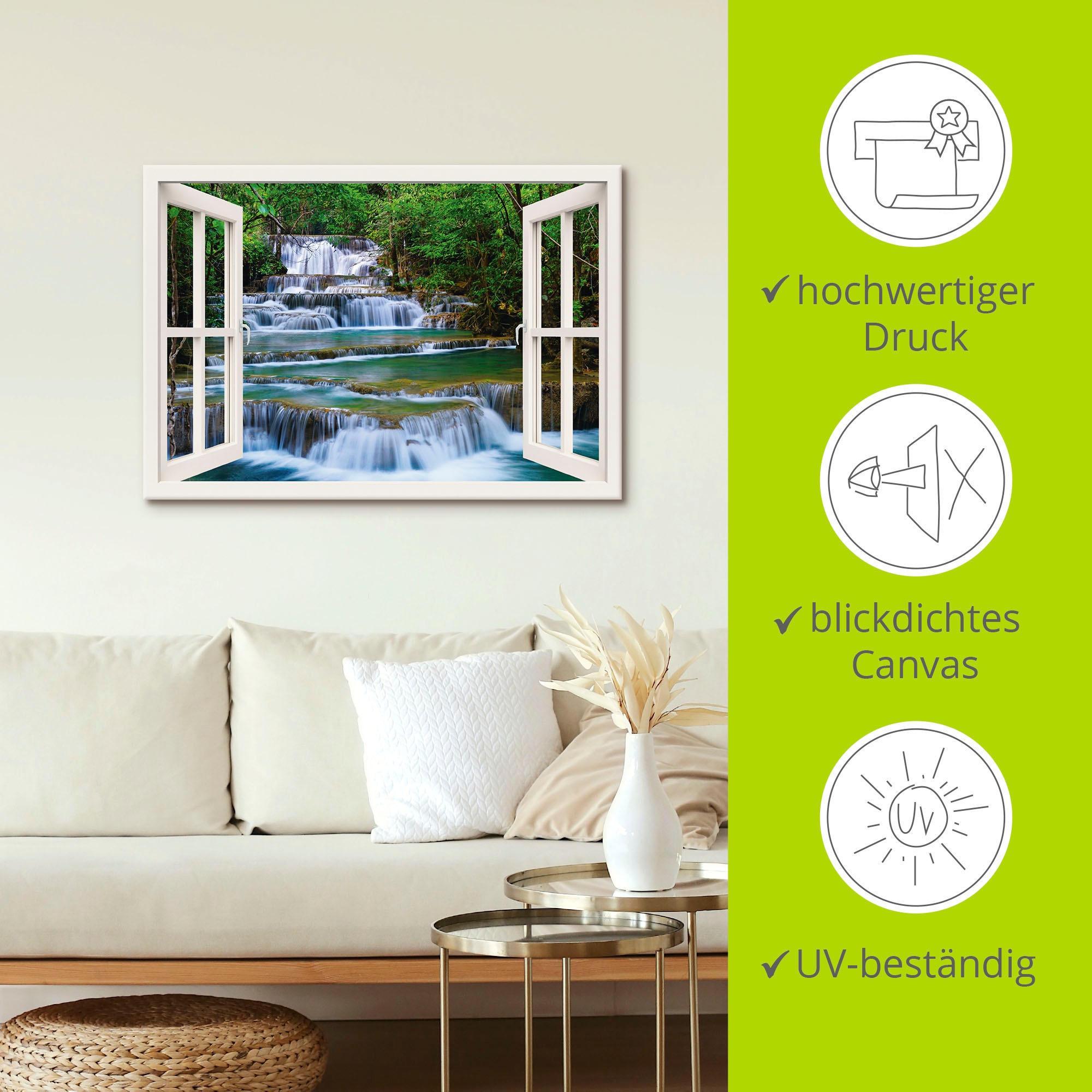 Artland Wandbild »Fensterblick Wasserfall in Kanchanaburi«, Fensterblick, (1 St.), als Leinwandbild, Poster, Wandaufkleber in verschied. Größen
