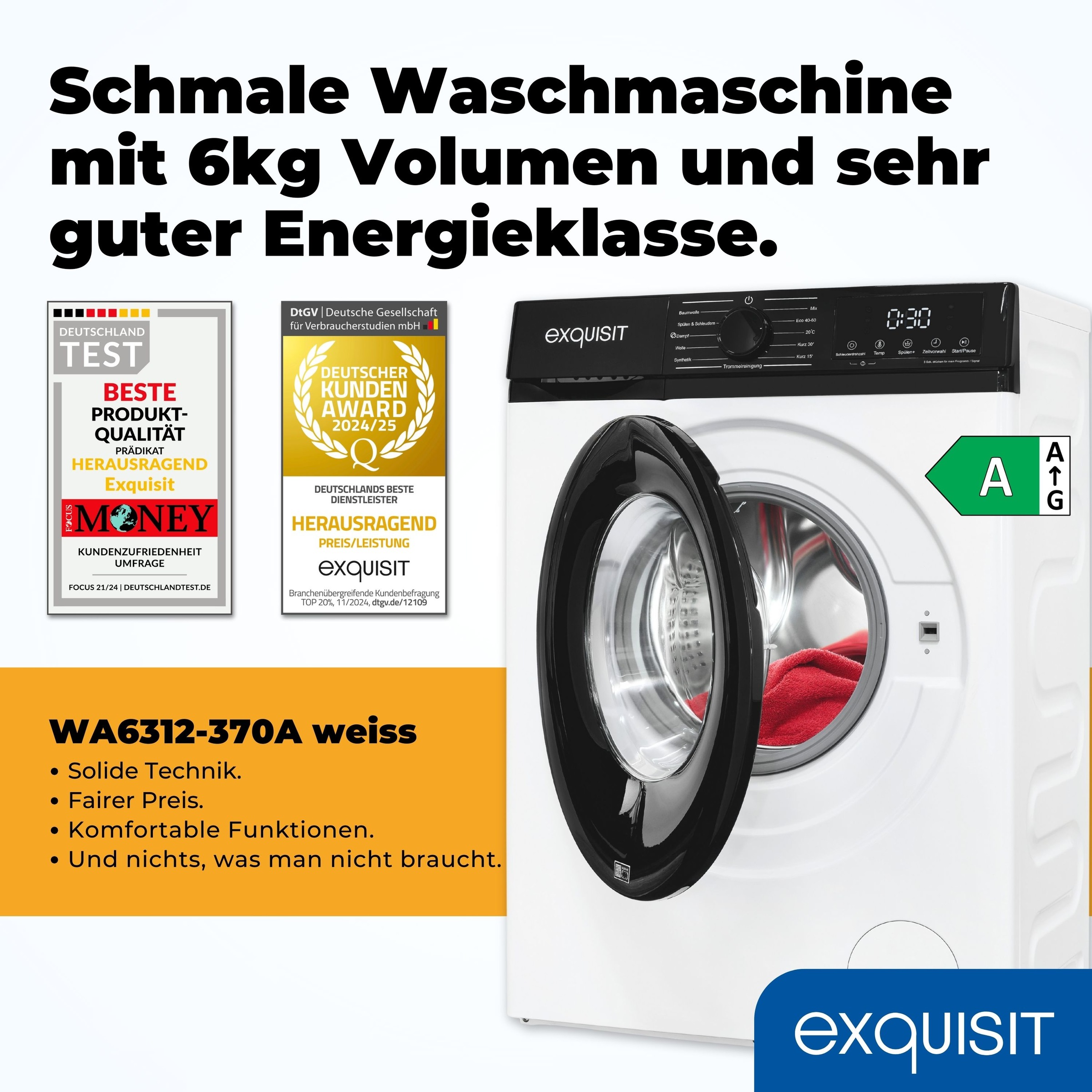 exquisit Waschmaschine »WA6312-370A weiss«, 6 kg, 11 Programme, Restlaufzeitanzeige, Kindersicheruing