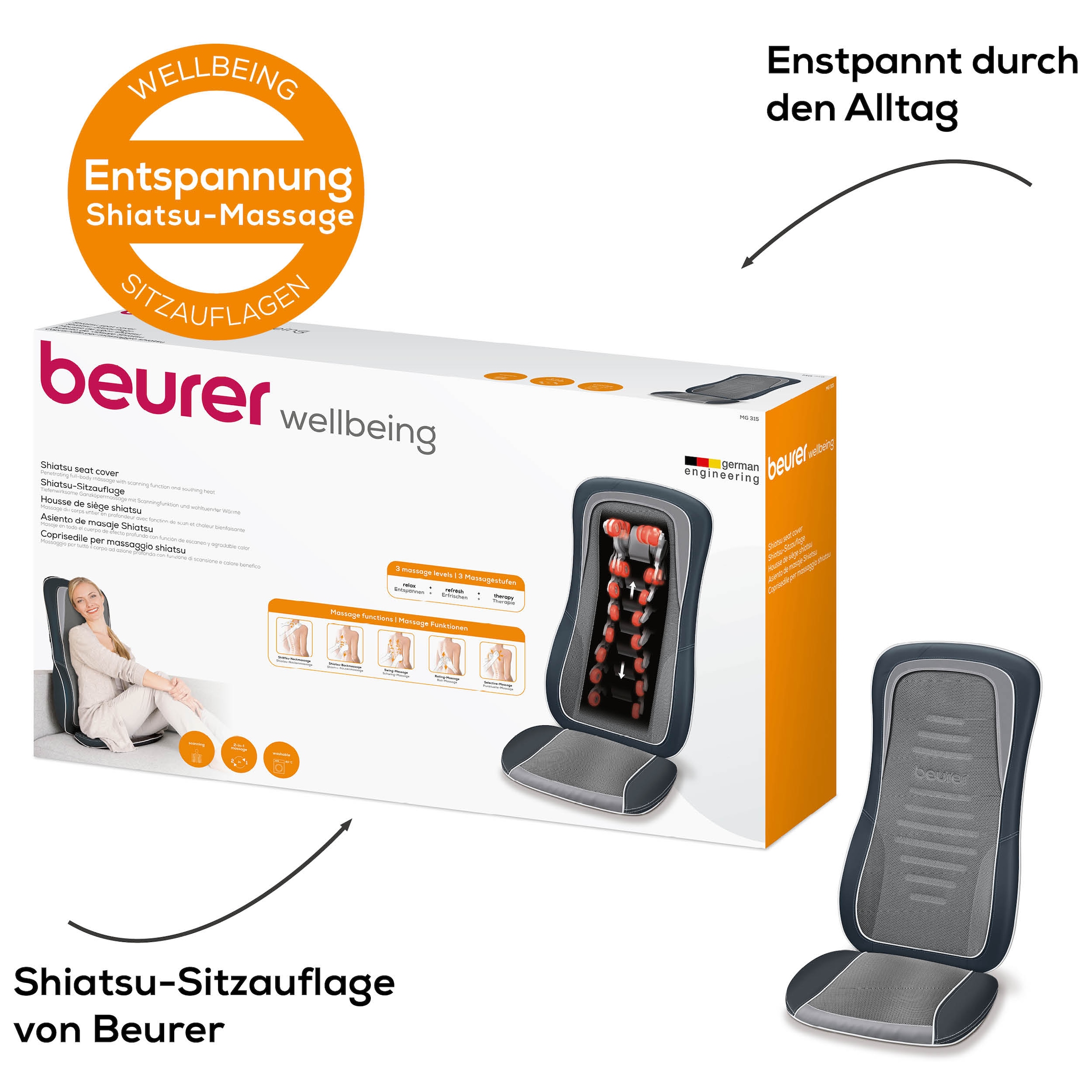 BEURER Massagesitzauflage »MG 315 mit tiefenwirksamer Shiatsu, Rolling und Swing Massage«, Wohltuende Massage für Nacken und Rücken, mit Licht- und Wärmefunktion