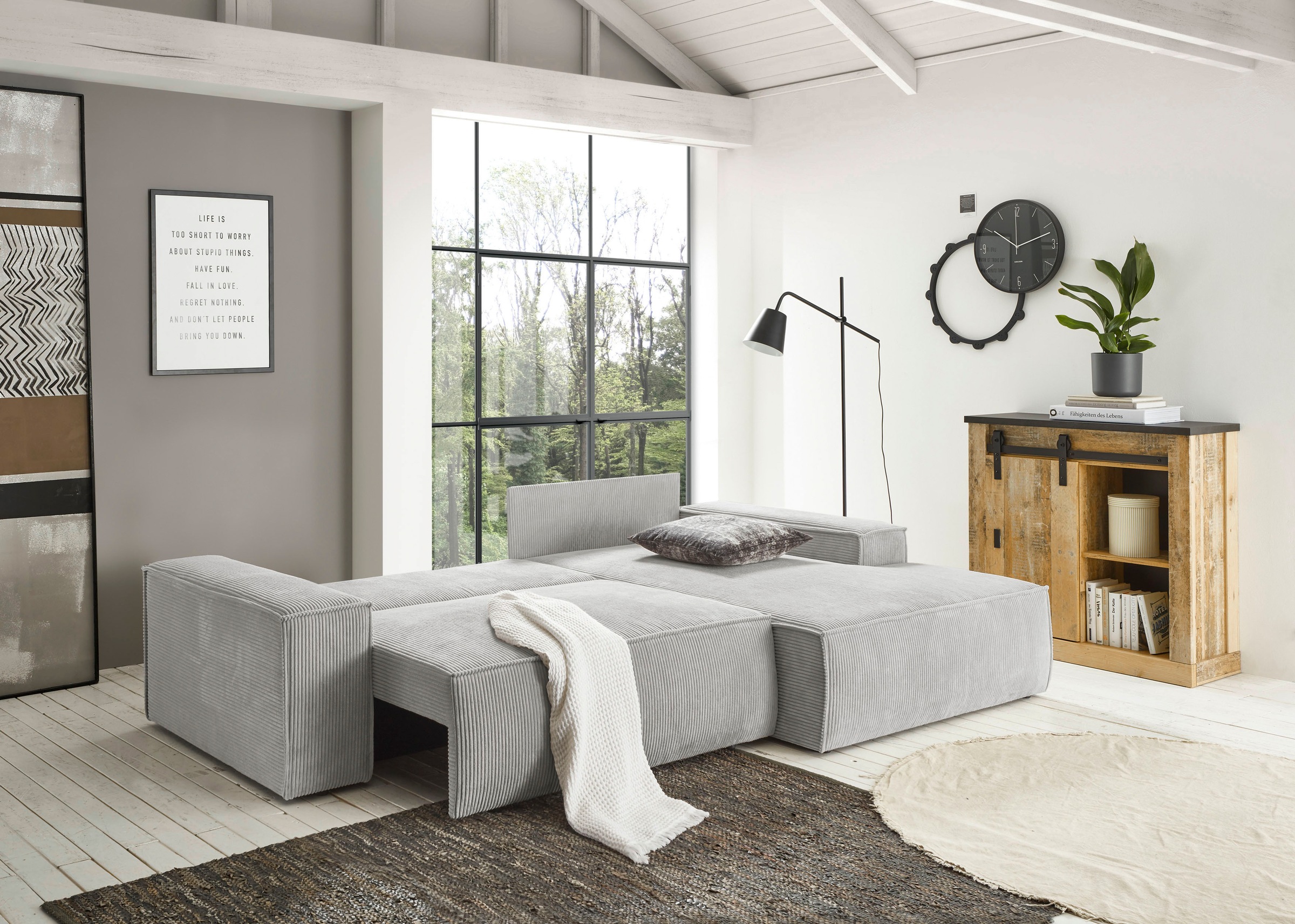Home affaire Ecksofa SHERWOOD Schlafsofa 267 cm, L-Form, Schlaffunktion mit Bettkasten (210x136 cm), Cord, Vintage, Samtvelours