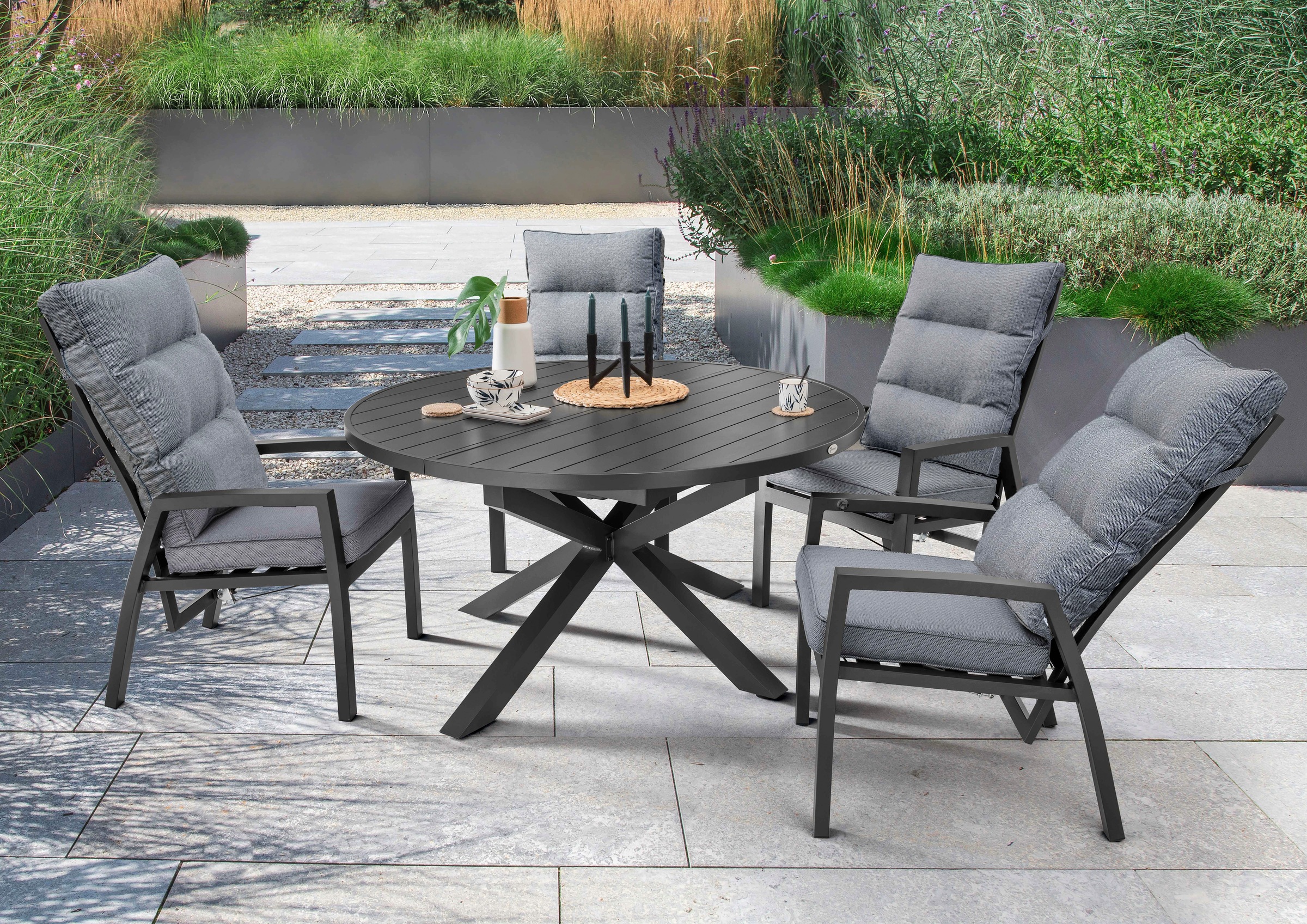 Destiny Garten-Essgruppe »GARDA HL ARONA«, (Set, 5 tlg., 1 Ausziehtisch, 4 Hochlehner verstellbar), (Set, 9-tlg., 4 Hochlehner, 1 Ausziehtisch Ø 120/170x75cm) Aluminium