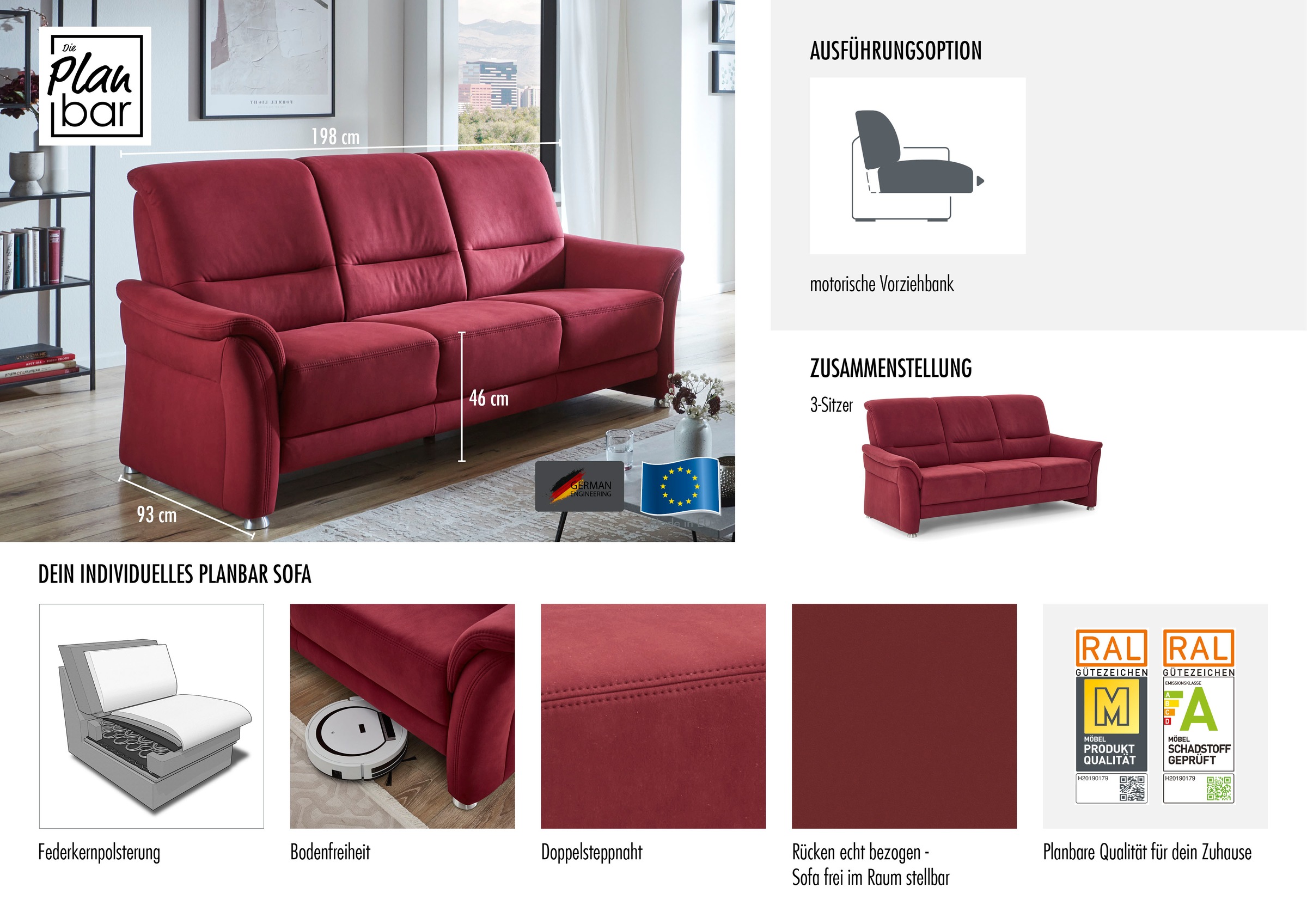 Die PlanBar 3-Sitzer »PP-PF23182« Federkernpolsterung, wahlweise mit motorischer Vorziehbank