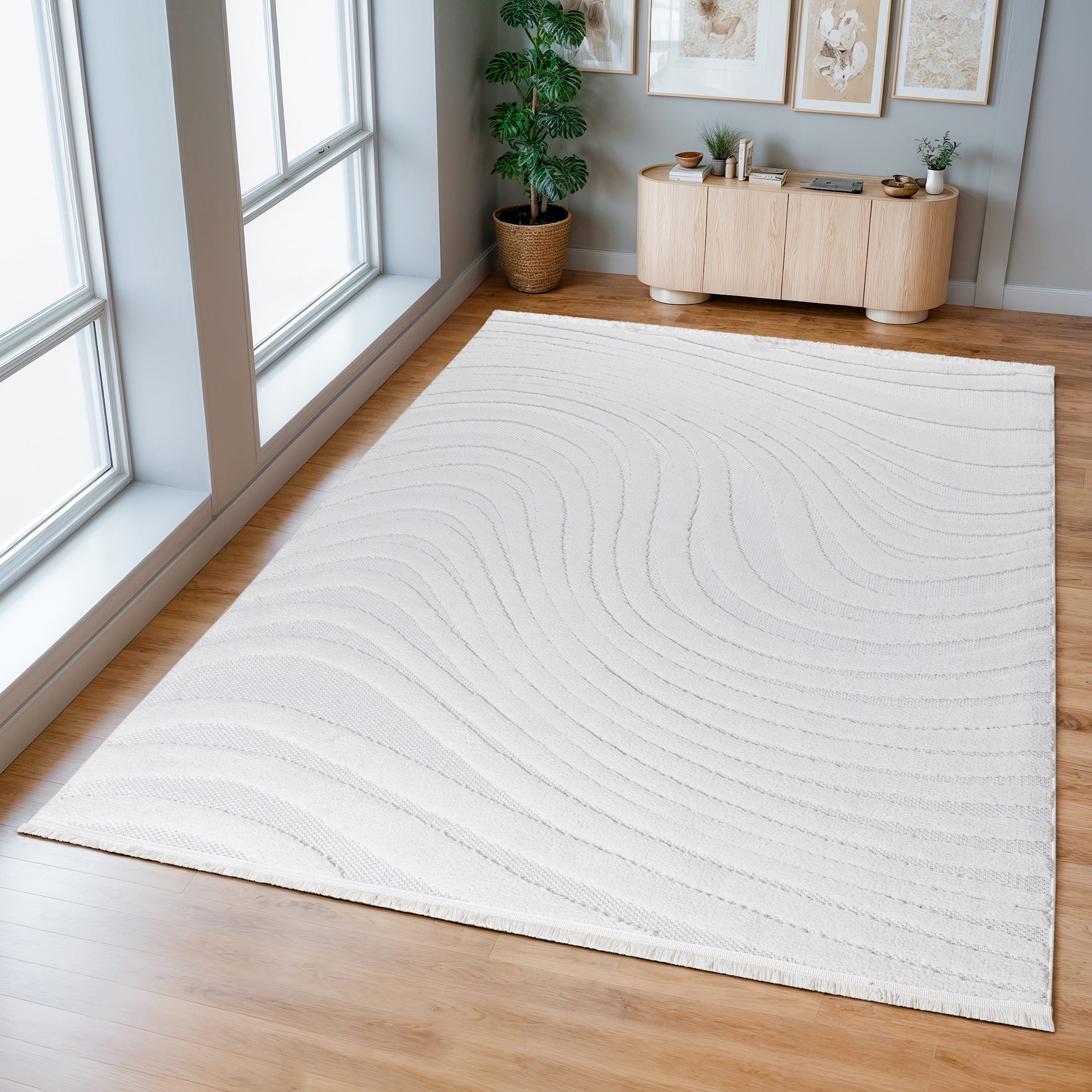 OTTO home Teppich »Samelia mit Fransen, Wellendesign, Balkon, Camping« rechteckig 6 mm Höhe Hoch-Tief-Struktur, In- und Outdoor geeignet für Küche oder Esszimmer