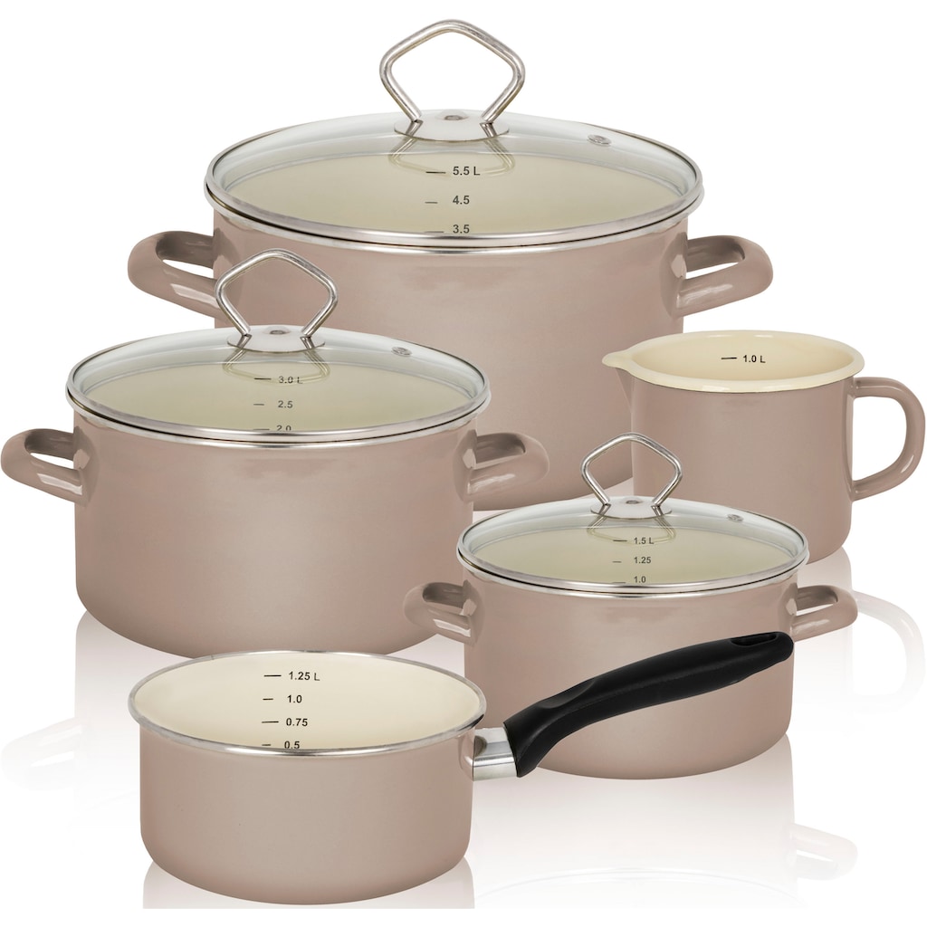 Krüger Topf-Set »Föhr«, Emaille, (Set, 8 tlg., Fleischtopf 16/20/24 cm, Stieltopf 16 cm, Milchtopf 12 cm)