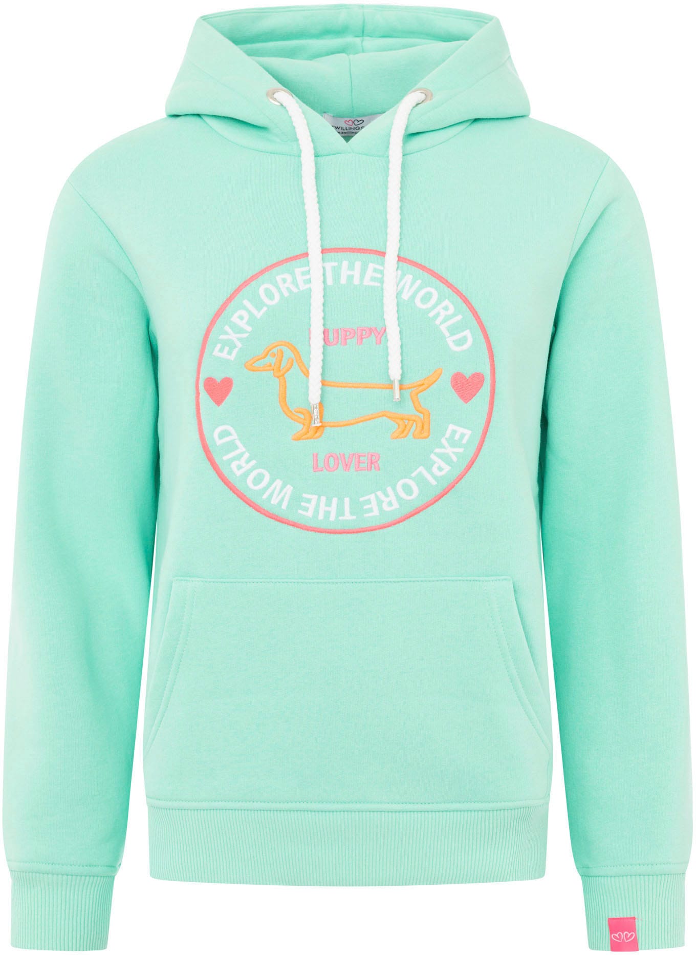 Zwillingsherz Hoodie »"Explore the World"«, mit "Puppy Lover" Aufschrift und aufgestickten Hundemotiv mit Herzen