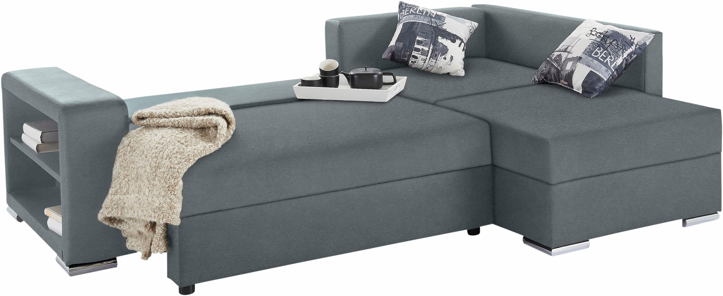 Ecksofa John mit Bettfunktion, Bettkasten und Regalarmteil