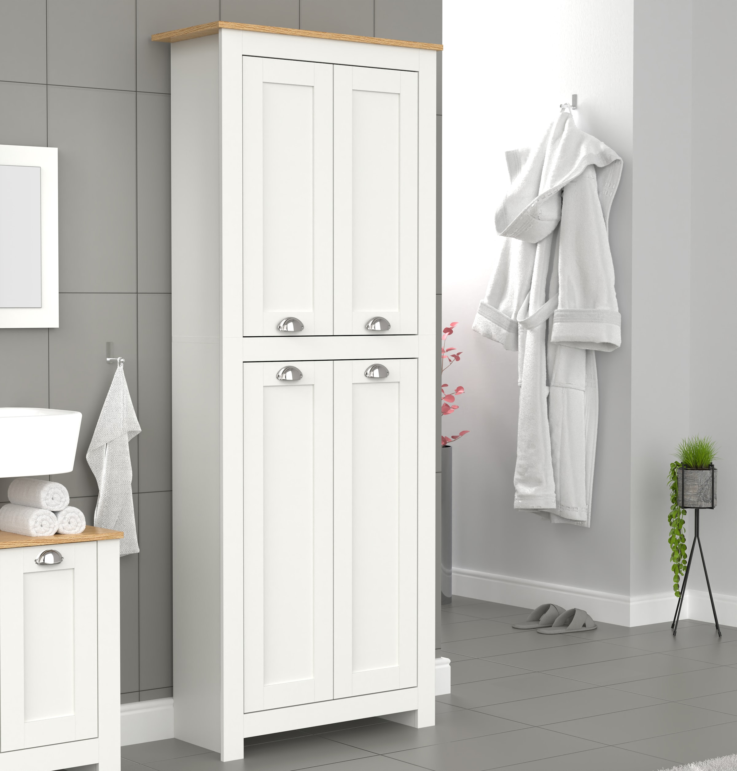 VCM Mehrzweckschrank »VCM Holz Flurschrank | 5 Fächer | Badezimmerschrank | Maße: H. 184 x B. 72 x T. 32 cm | 4 Drehtüren | elegante Muschelgriffe - Balusa«, (1 St.)