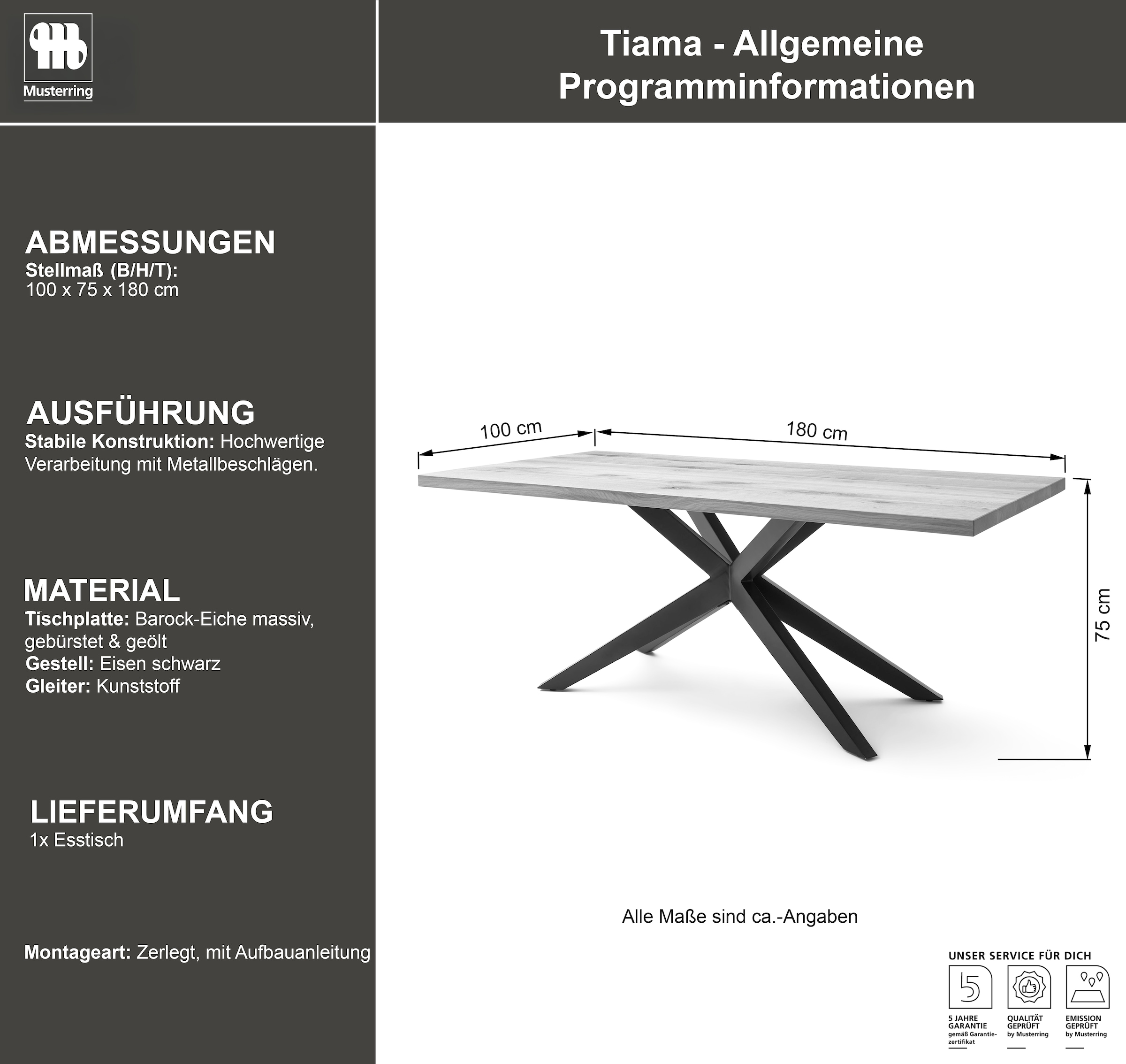 Musterring Esstisch »Tiama« mit fester Platte in Barock-Eiche massiv, 40mm, Eisengestell schwarz