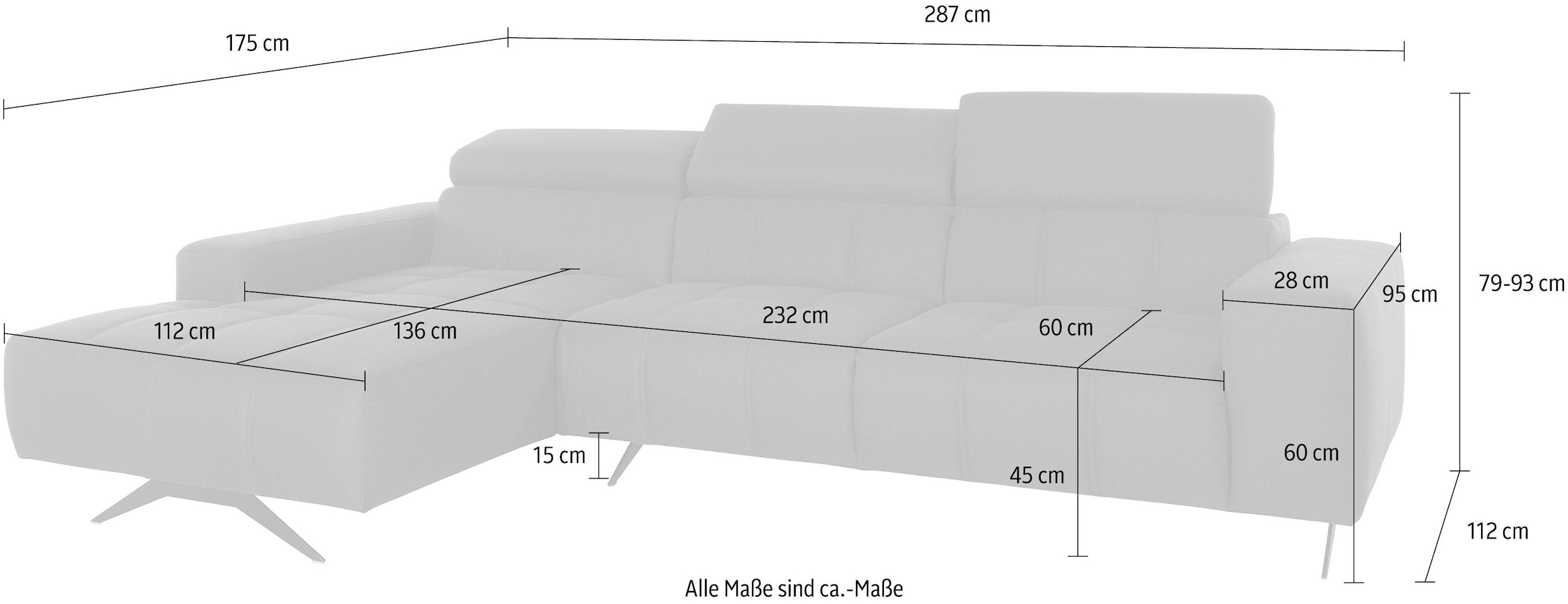 DOMO collection Ecksofa »Trento L-Form, mit Kufenfuß oder Einzelfuß«, wahlweise mit Kopfteilverstellung, Recamiere links/rechts bestellbar