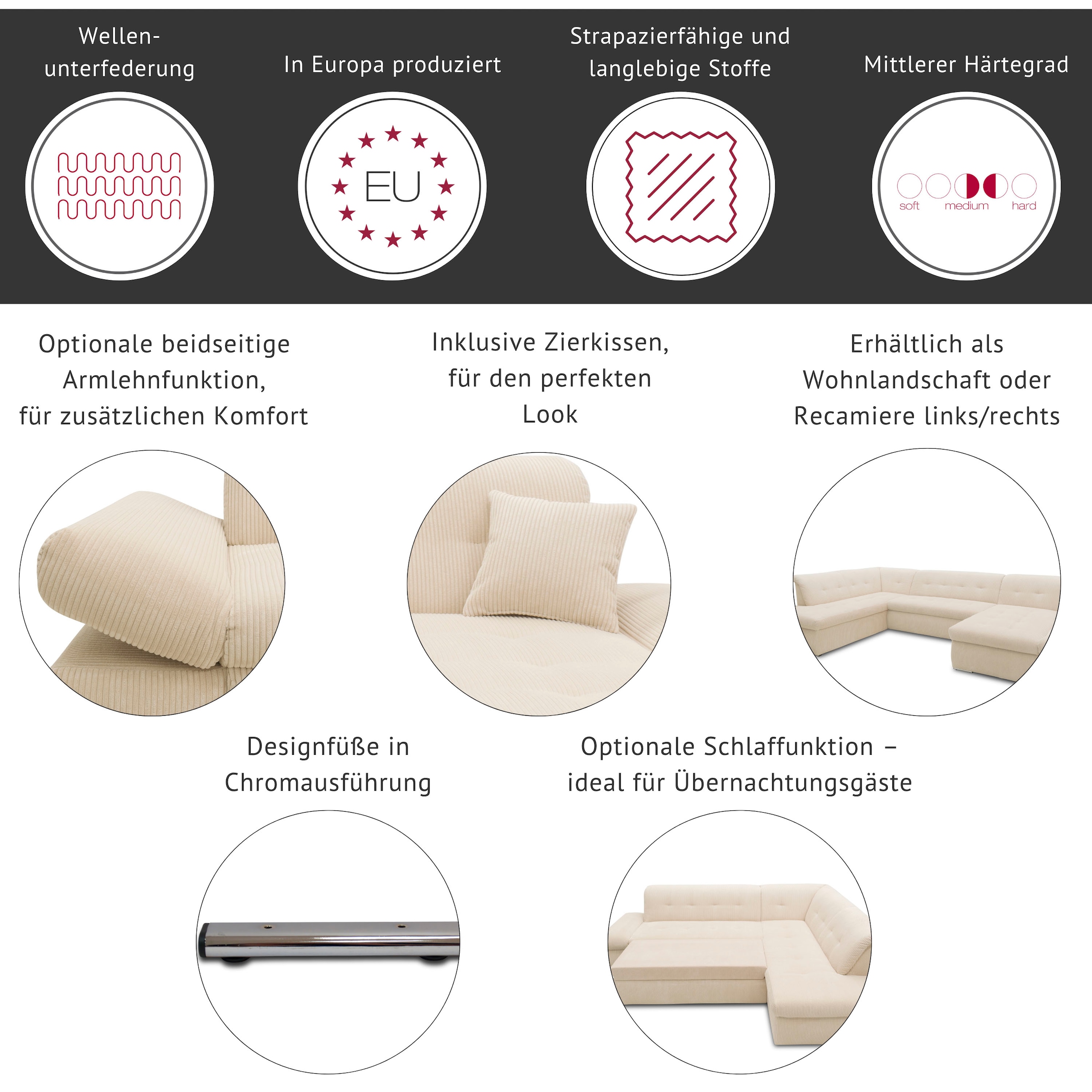 DOMO collection Ecksofa »PB Moric  wahlweise mit Bettfunktion + Armteilverstellung, L-Form« im XXL-Format, B/T/H:300/172/80 cm, feine Steppung